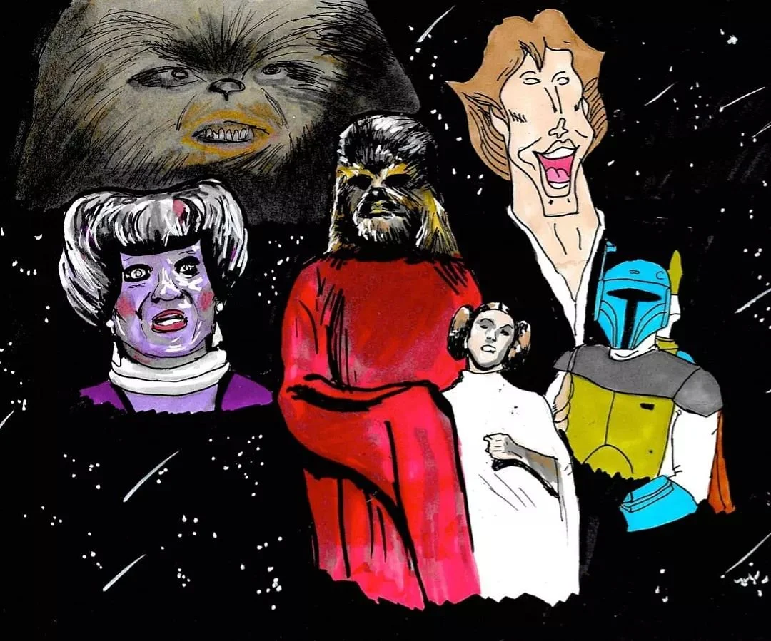 latest image for @wewatchbadfilms podcast... featuring the Star Wars Holiday Special... starring a singing Princess Leia, Chewbacca in a dress, a cartoon Han Solo and more nuggets to surprise and delight!  Pencil, ink pen and paper.  #drawing #sketch