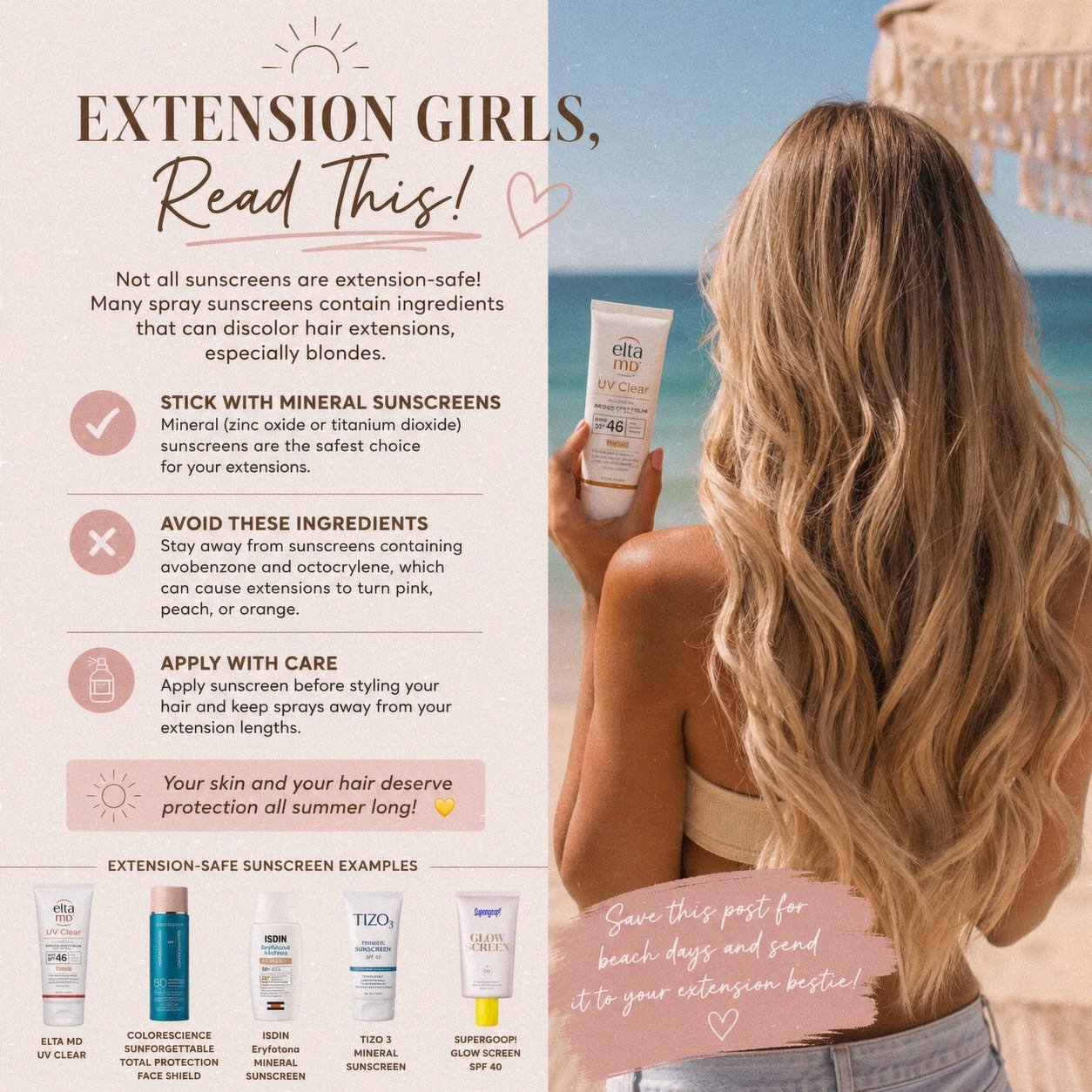 ☀️ Extension Girls, Read This! ☀️

Not all sunscreens are extension-safe! Many spray sunscreens contain ingredients that can discolor hair extensions, especially blondes.

✨ Stick with mineral sunscreens whenever possible.
✨ Avoid sunscreens containi