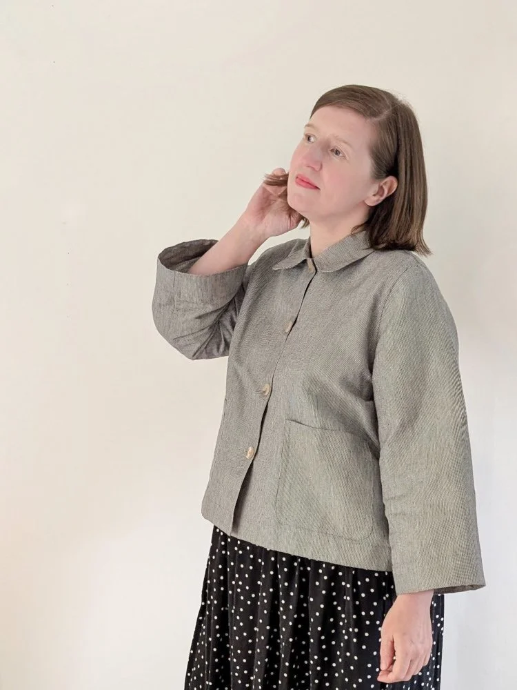 me modelling the Ava grey stripe jacket