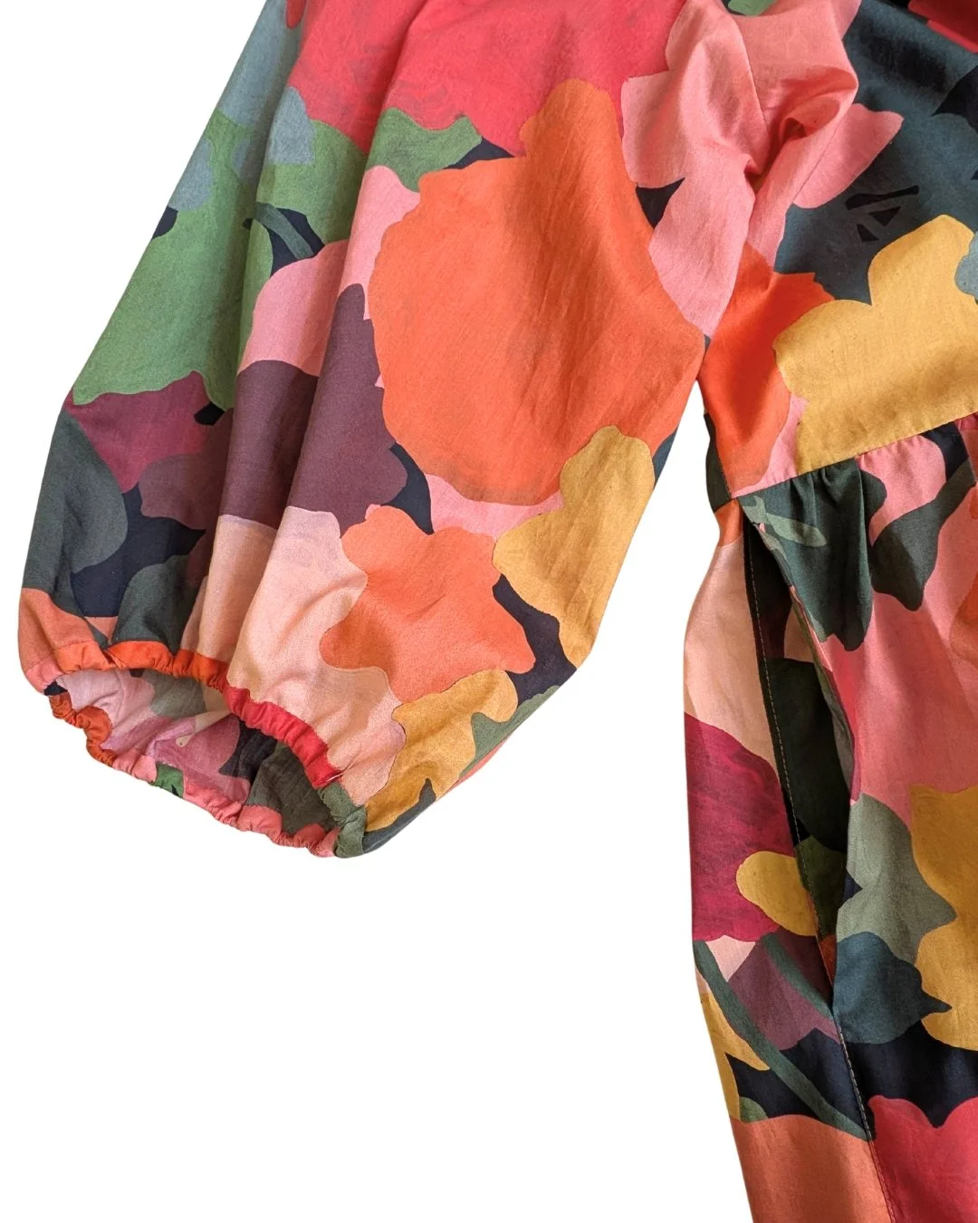 detail of gathered sleeve cuff of marina raglan sleeve dress