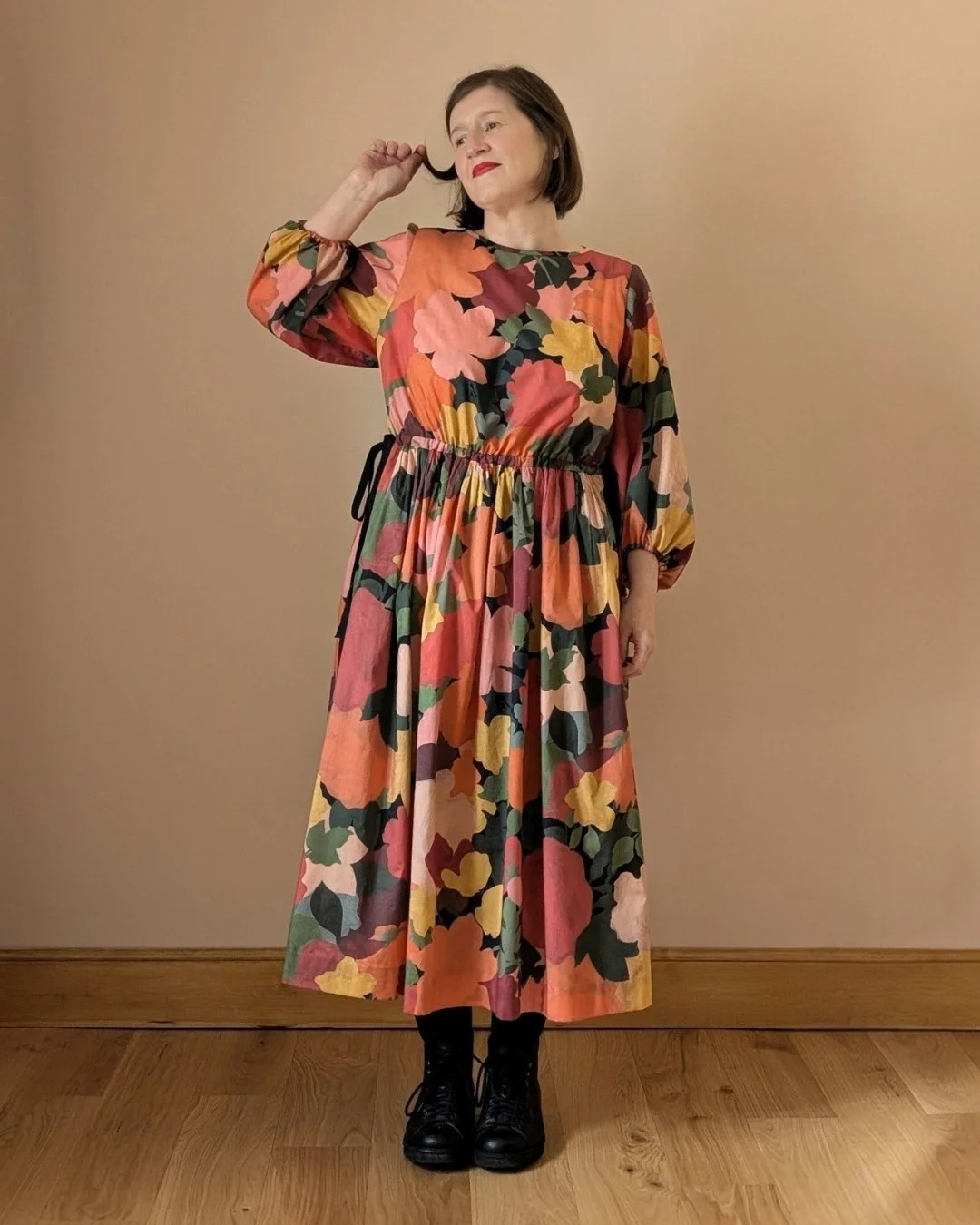 me modelling Marina floral Liberty print midi dress