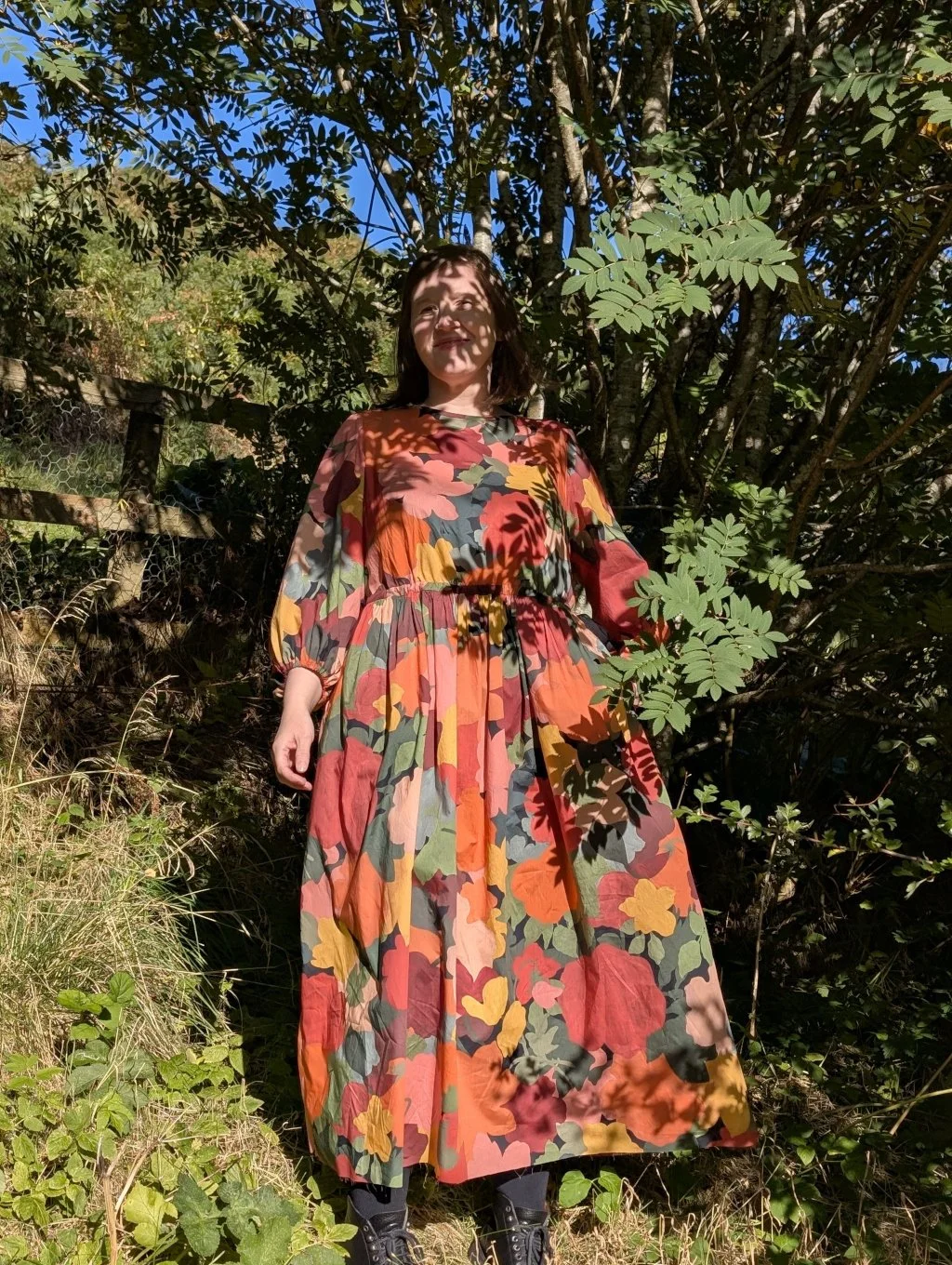 me in my garden wearing a Marina dress