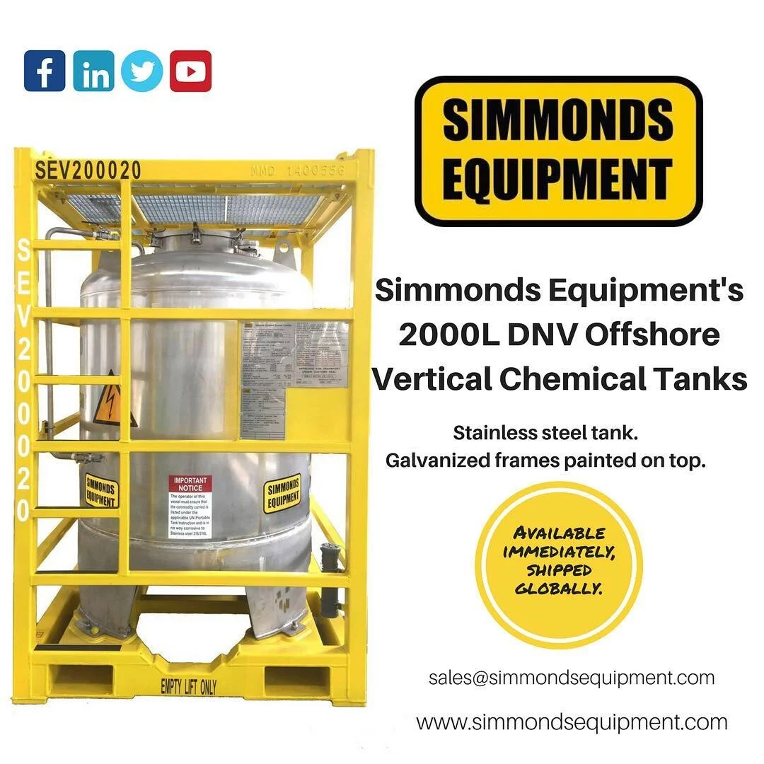 Simmonds Equipment's 2000L DNV Offshore Vertical Chemical Tanks. 
Stainless tank with frames that are galvanized and then painted. 
Available immediately, shipped globally!
.
.
.

#simmondsequipment #offshoretanks #Oilandgas #galvanized #DNV271 #offs