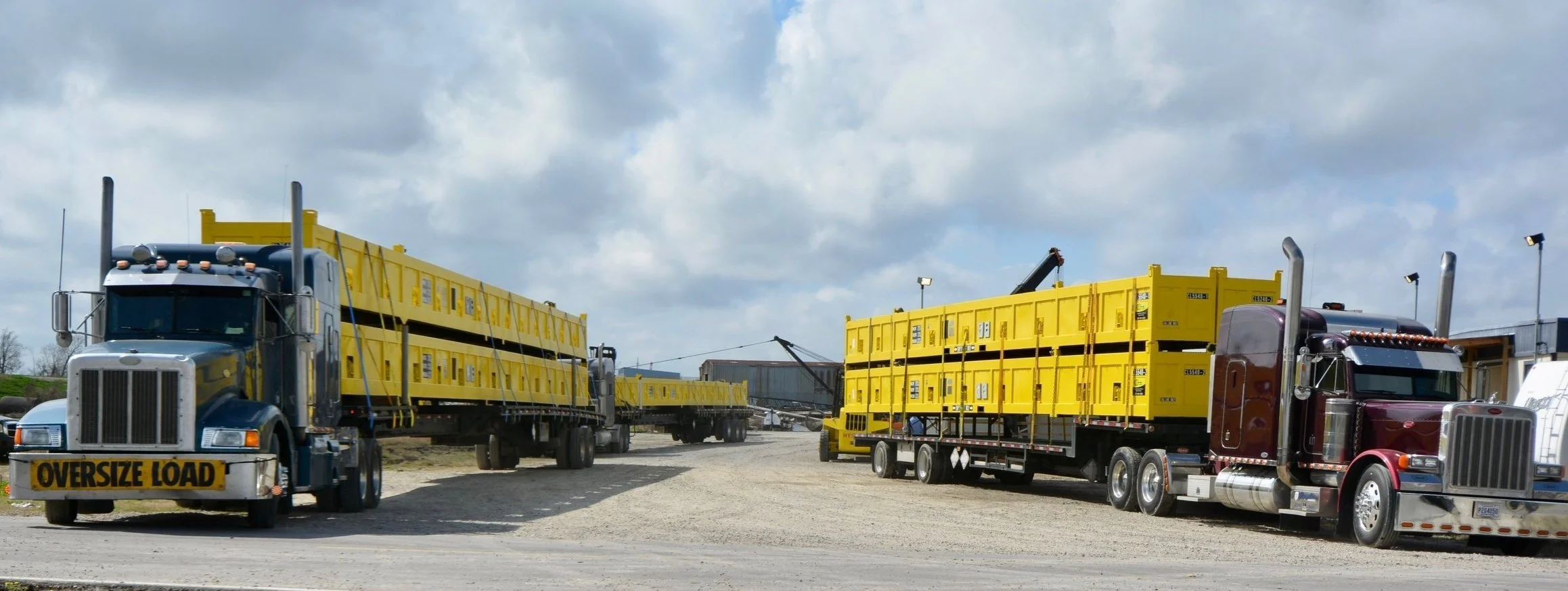 Simmonds Equipment DNV 2.7-1 (DNV-ST-E271) / ISO 10855 long offshore baskets transported as oversized road cargo for customer delivery.