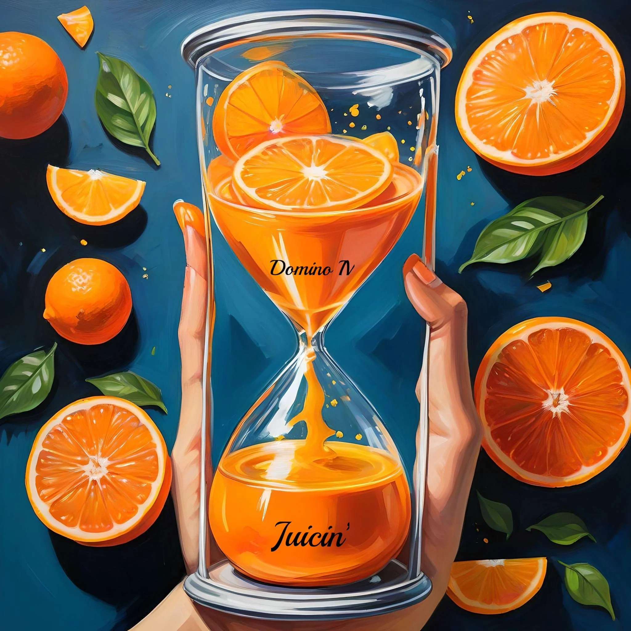 Hand holding an hourglass filled with orange juice with slices of oranges inside the top compartment. Whole and sliced oranges and green leaves scattered on a dark blue background. The words 'Domino N' and 'Juicin' are written on the hourglass.