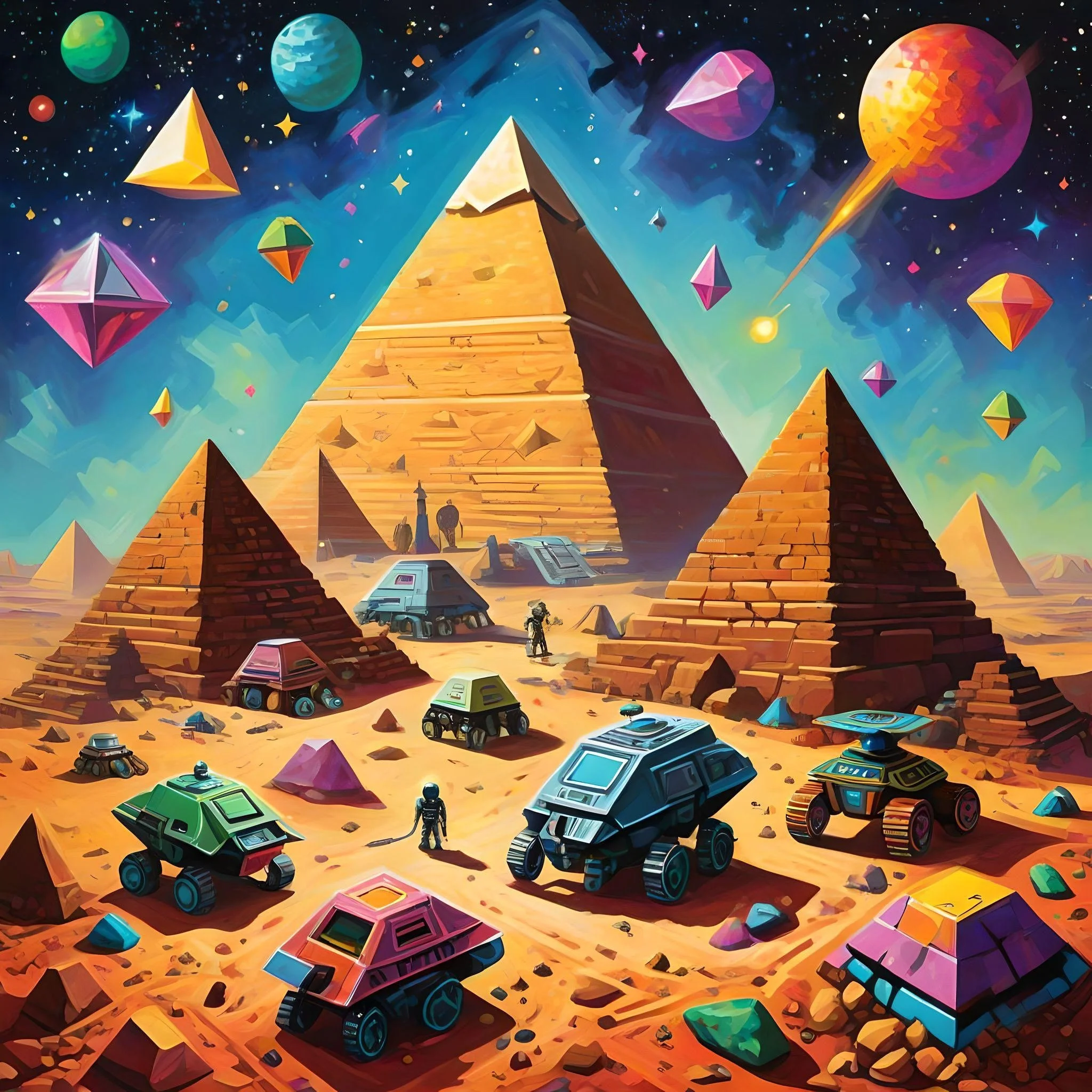 Futuristic scene on Mars with pyramids, pyramidal structures, robotic vehicles, and astronauts under a starry sky with planets and colorful celestial bodies.