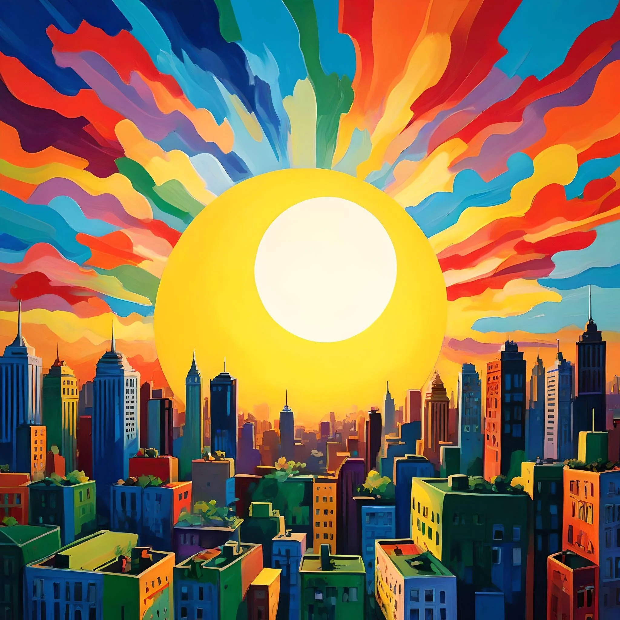 A colorful animated city skyline with numerous tall buildings and skyscrapers under a vibrant sky. The sky features a large, bright sun with multicolored streaks emanating outward, creating a lively and dynamic scene.