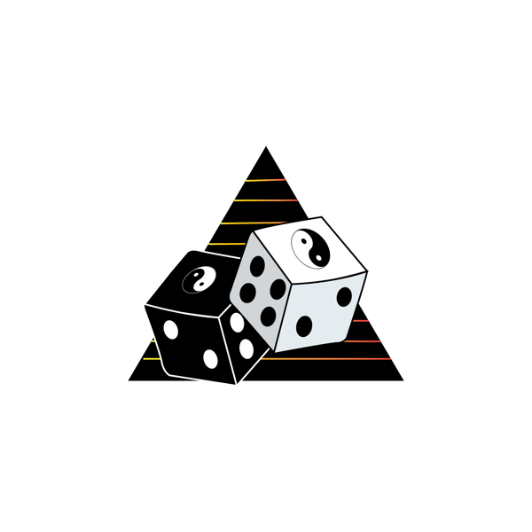 Two cartoon dice with yin-yang symbols, one black and one white, rolling on a black background with colorful motion lines.