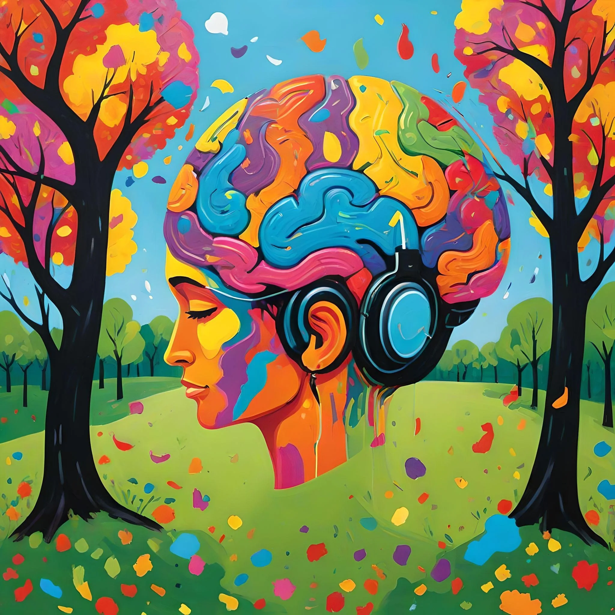 Colorful abstract painting of a woman's profile with a rainbow-colored brain and headphones, set against a vibrant outdoor scene with trees and falling leaves.