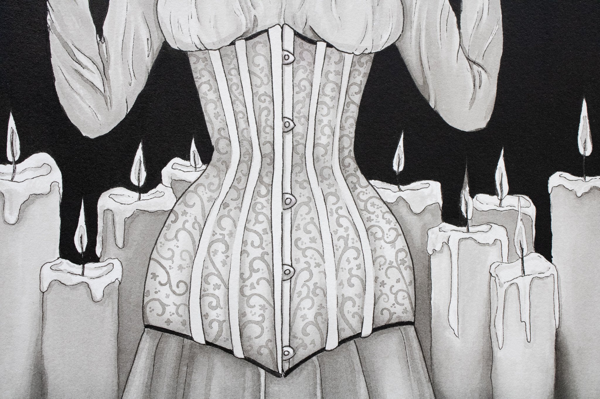 A black and white illustration of a woman in a striped dress with a corset, surrounded by floating candles with dripping wax.