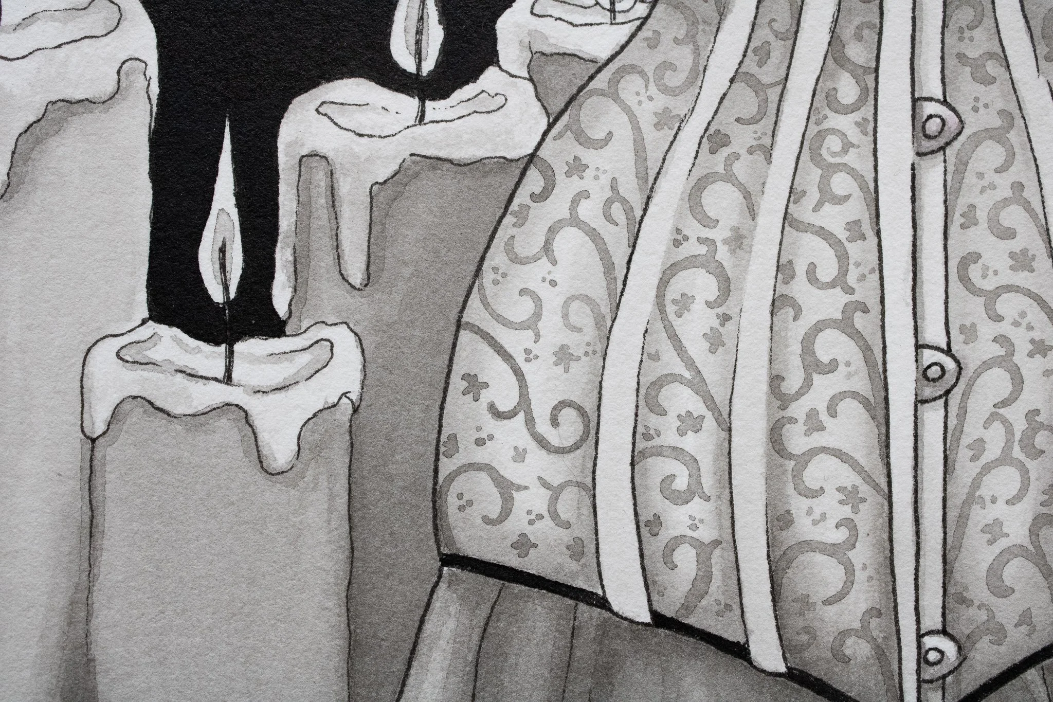 a grayscale ink painting closeup of a decorative corset surrounded by candles 