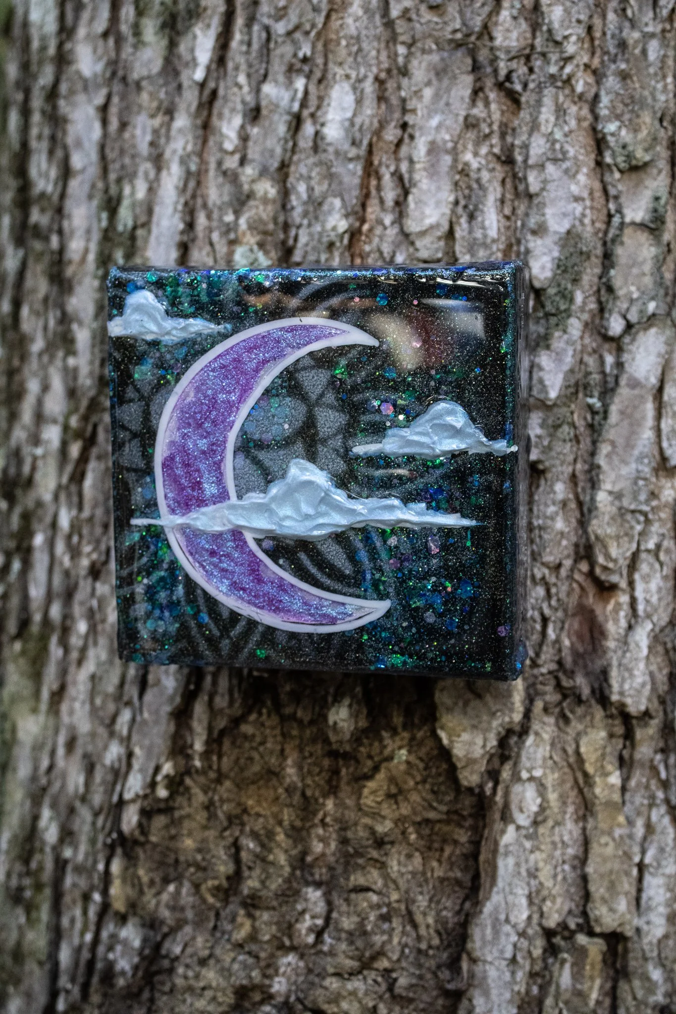 Decorative box with a purple glitter crescent moon and white clouds, mounted on a tree trunk, with a starry background and rainbow shimmer.