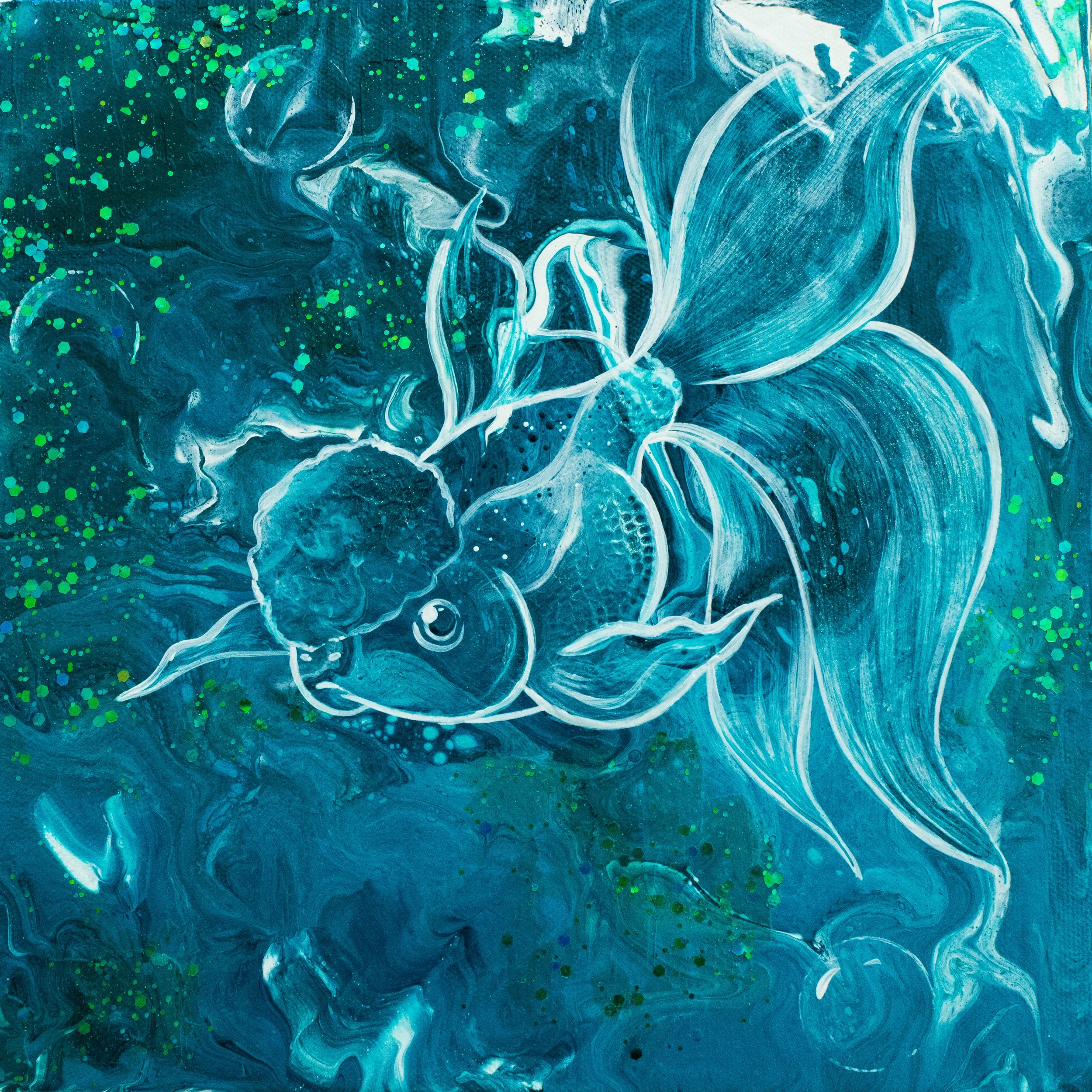A blue-toned abstract painting of a fish with large flowing fins, surrounded by swirling patterns and green splatters.