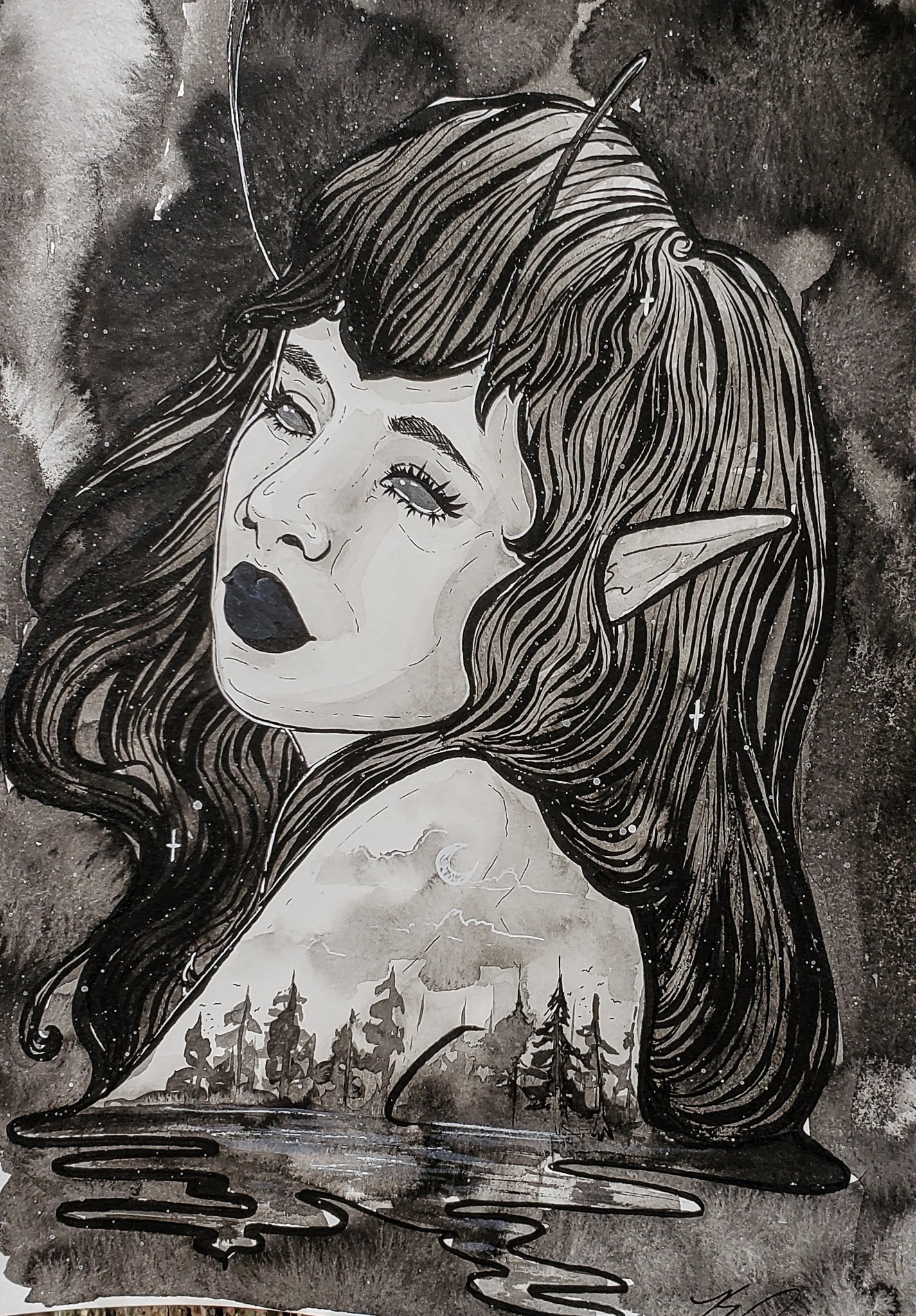 Black and white illustration of a female elf with long flowing hair, pointed ears, and dark lipstick. The background depicts a forest scene with trees, water, and a crescent moon.