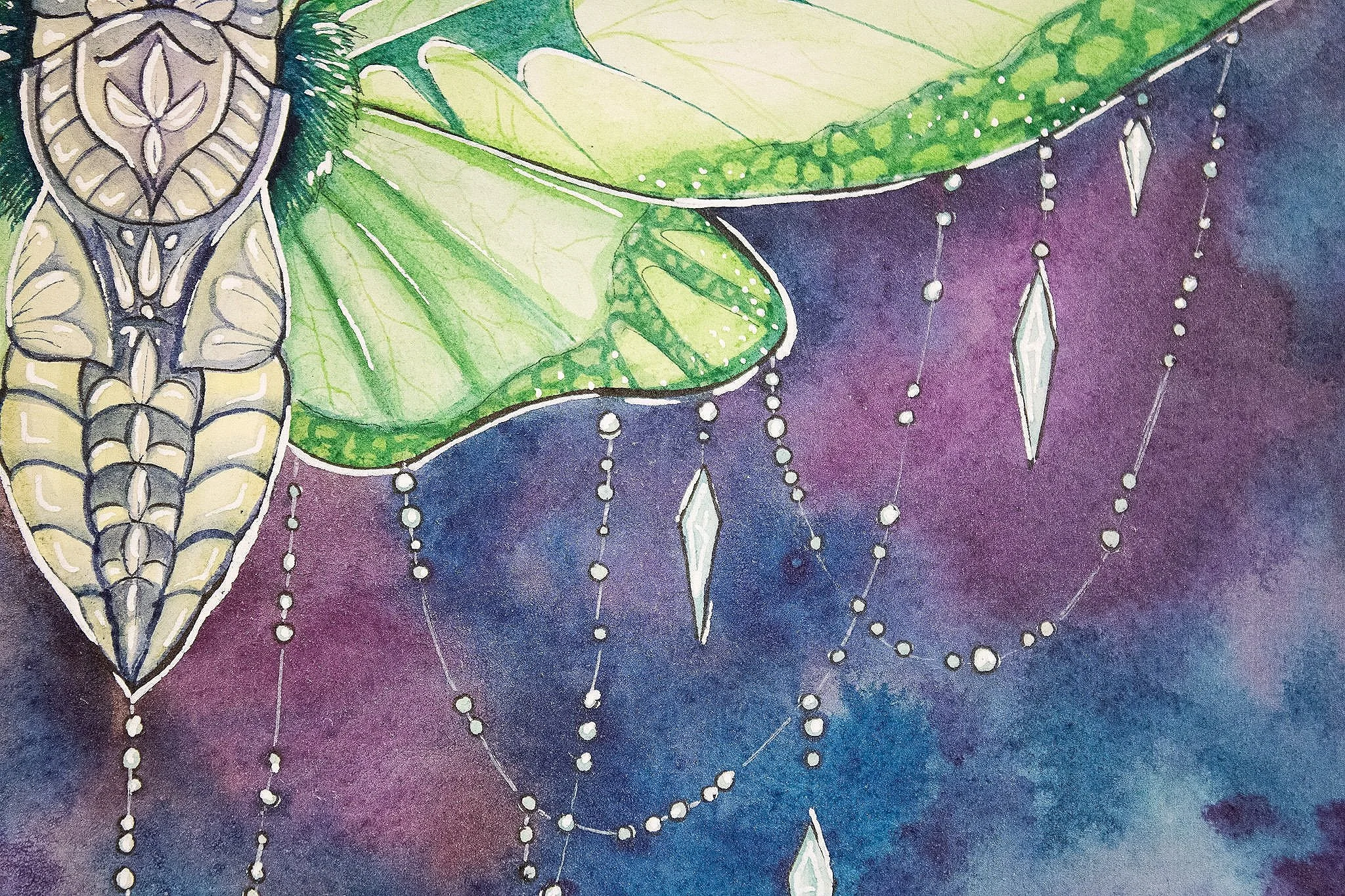 A watercolor painting closeup with gradient purple and blue background.
