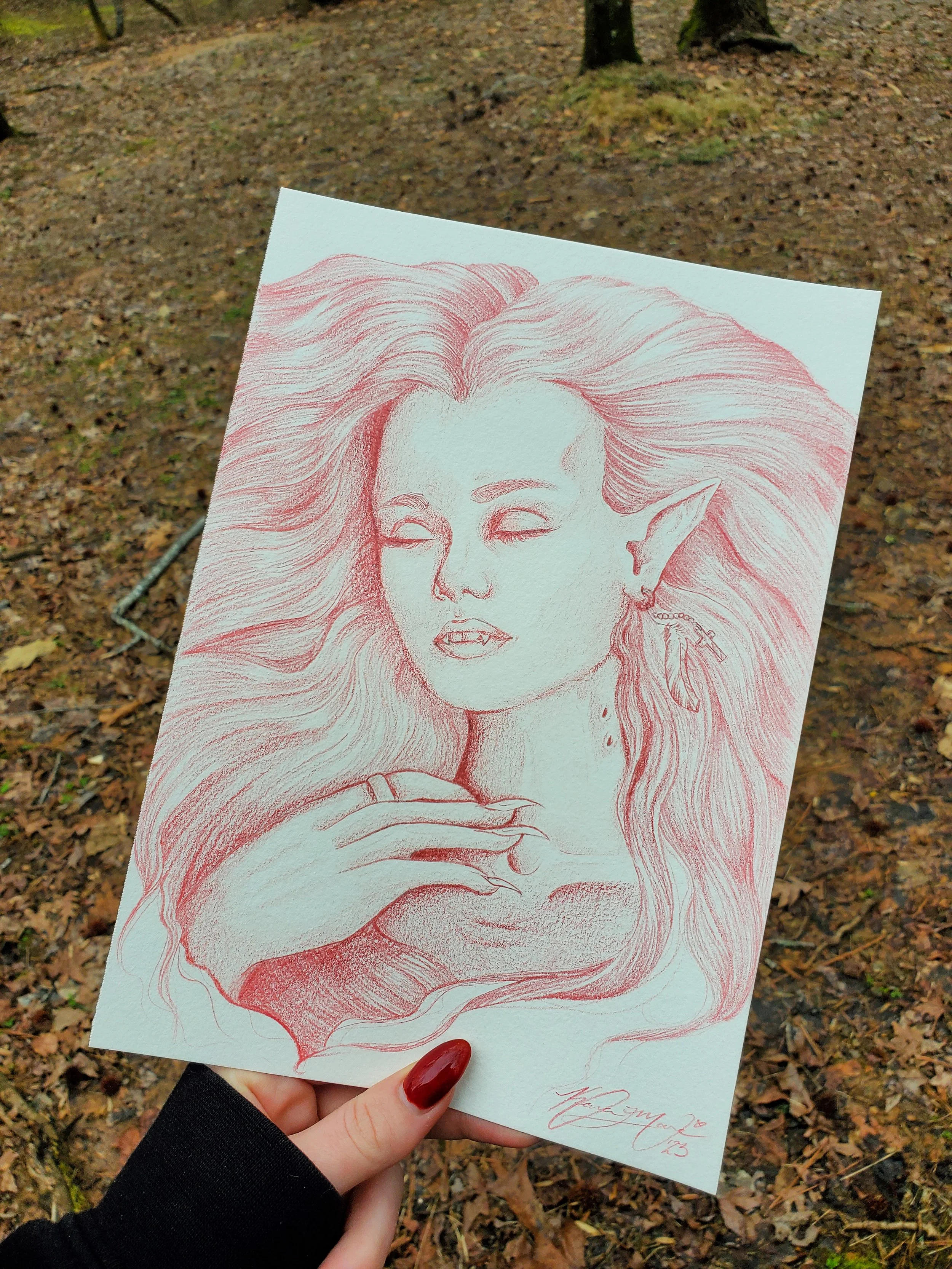 red pencil sketch of a fantasy Vampire woman, flowing hair