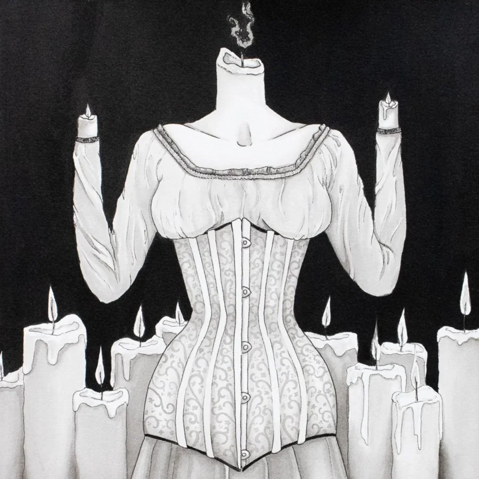 A surreal black and white illustration of a woman with candles for a head, surrounded by lit candles, wearing an elaborate Victorian-style dress with a corset and puffed sleeves.