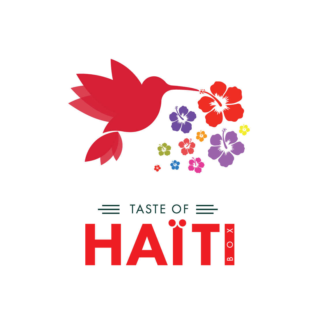 Logo for Taste of Haiti Box featuring a red hummingbird with a flower in its beak, surrounded by colorful hibiscus flowers, and the text 'Taste of Haiti Box' underneath.
