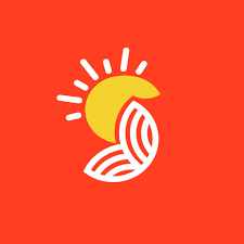 Graphic of a sun with rays, a lemon, and a leaf, all on a red background.