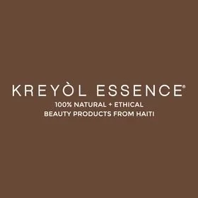 Kreyòl Essence logo on a brown background, promoting 100% natural and ethical beauty products from Haiti.