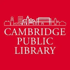 Illustration of Cambridge Public Library skyline on a red background with white outlines of buildings