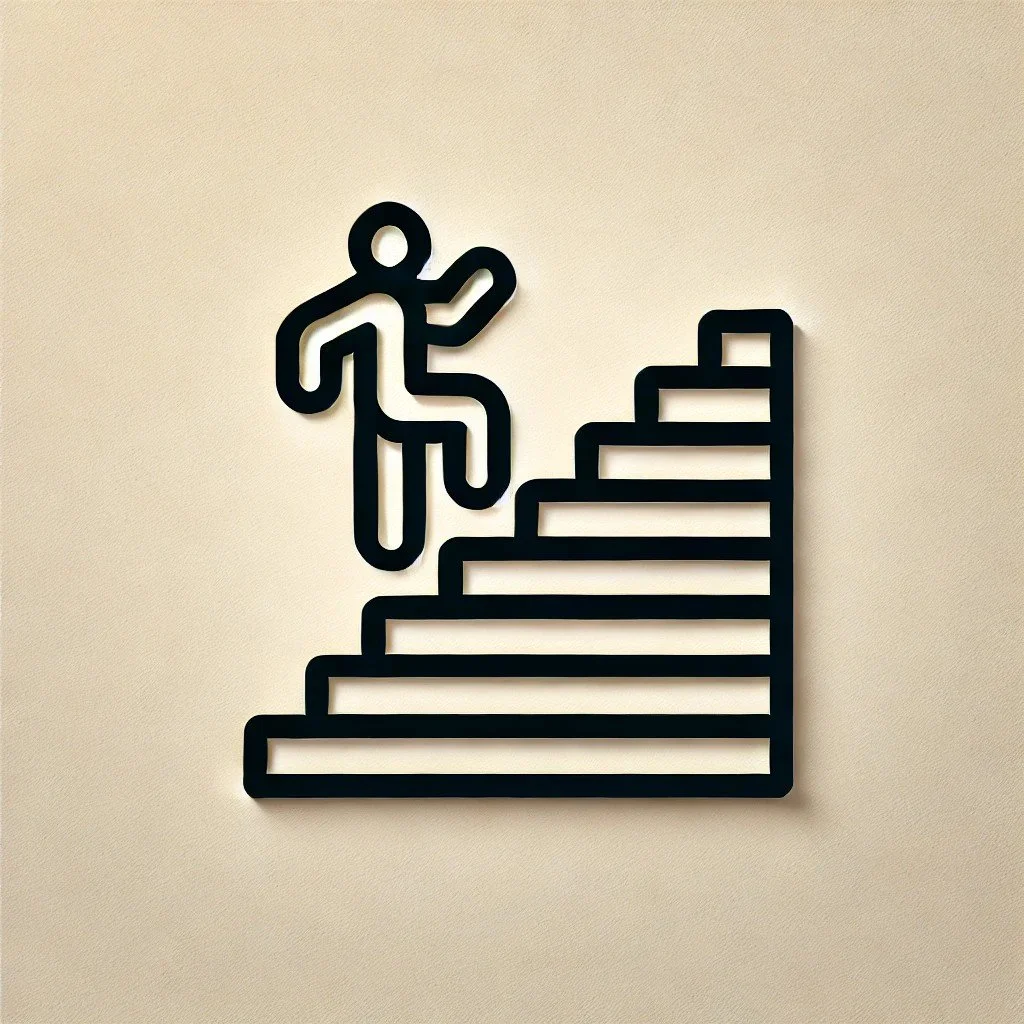 Minimalist black metal art of a person climbing stairs on a wall.