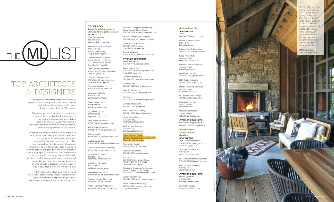AWARDS: 2018 Mountain Living Top Interior Designers — Elevate
