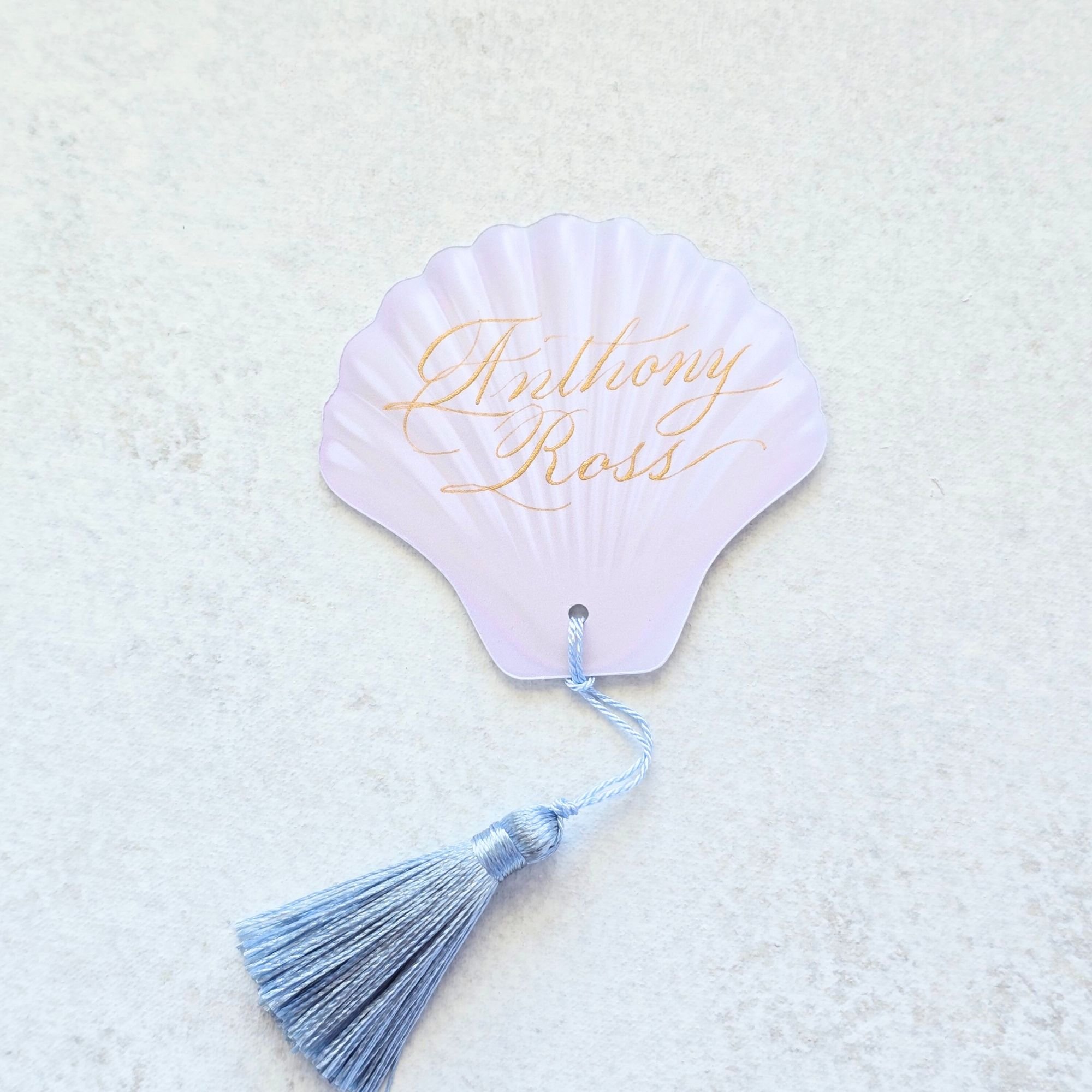 White Watercolor Seashell Place Card with Blue Tassel- Personalizable- Set of 10