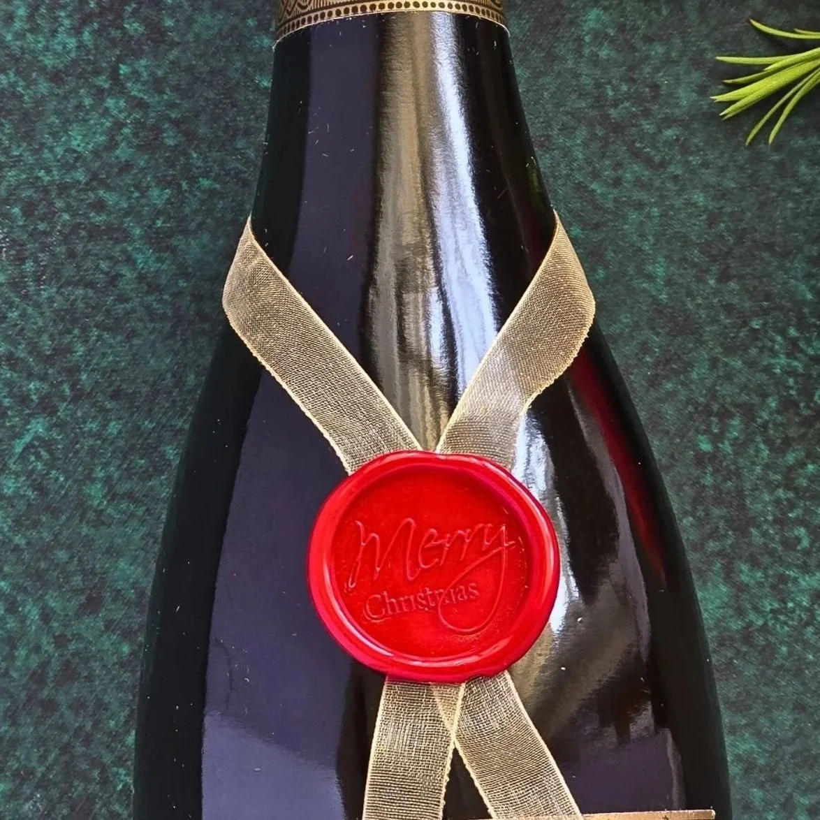 Merry Christmas Wax Seal Wine Charm with Gold Ribbon- Set of 5