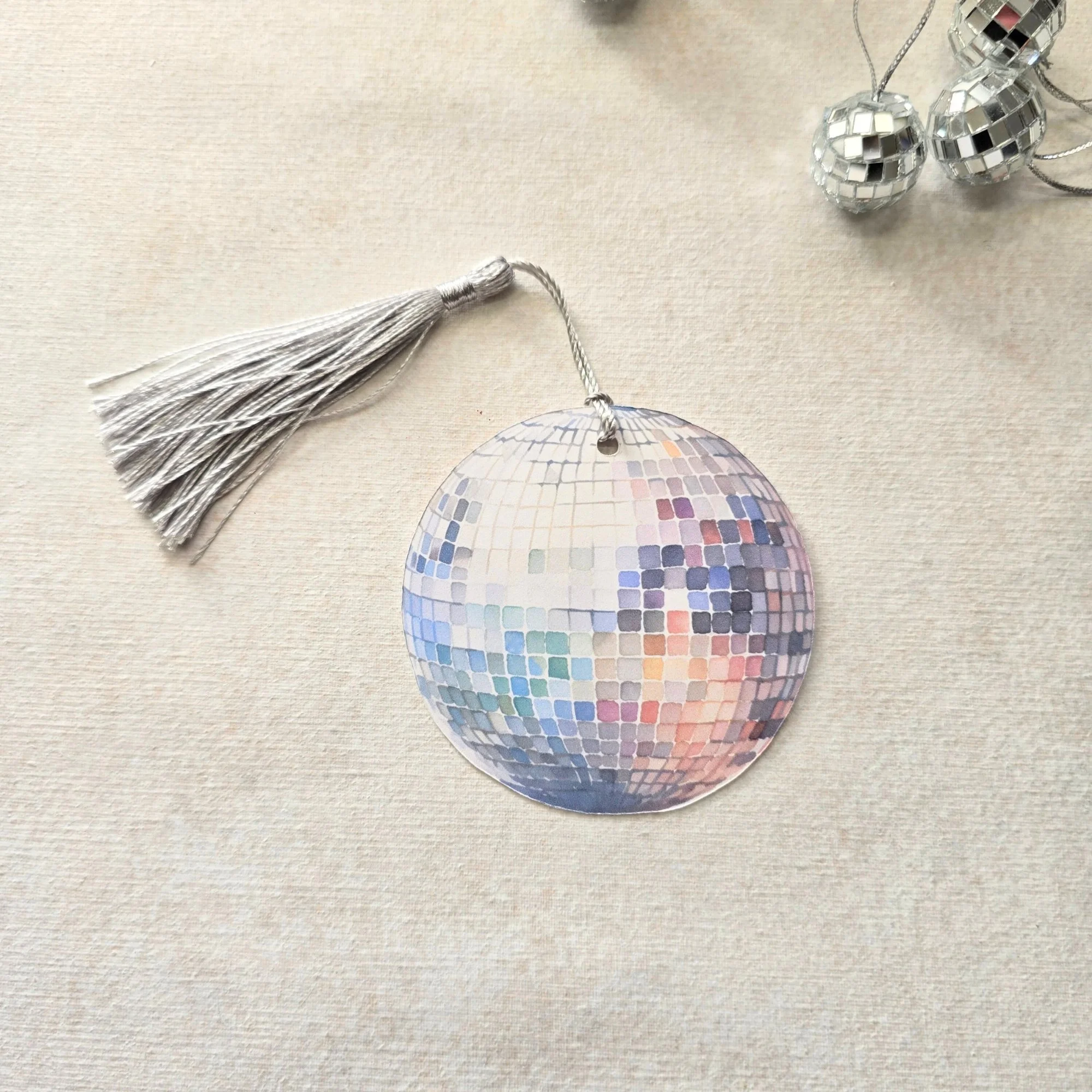 Watercolor Disco Ball Place Card with Silver Tassel- Personalizable- Set of 10