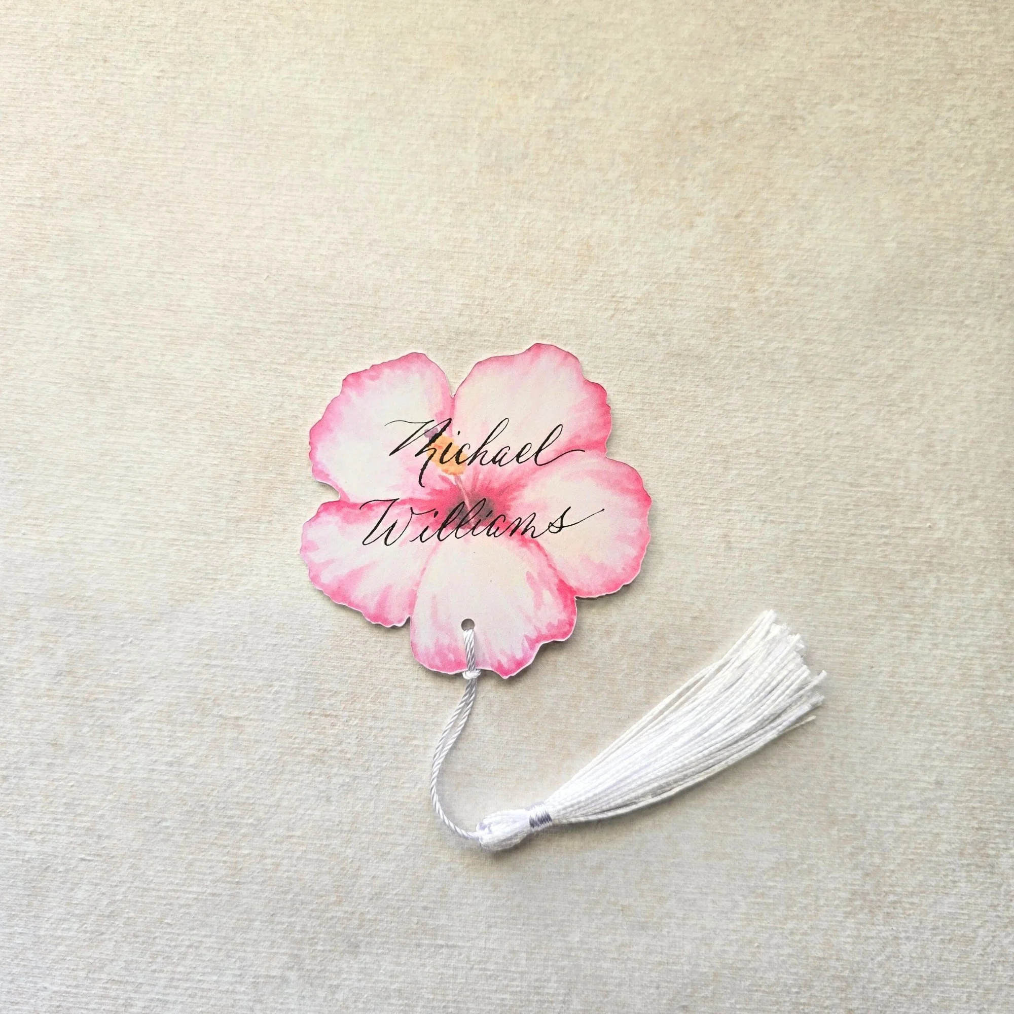 Pink Watercolor Hibiscus Place Card with White Tassel- Personalizable- Set of 10