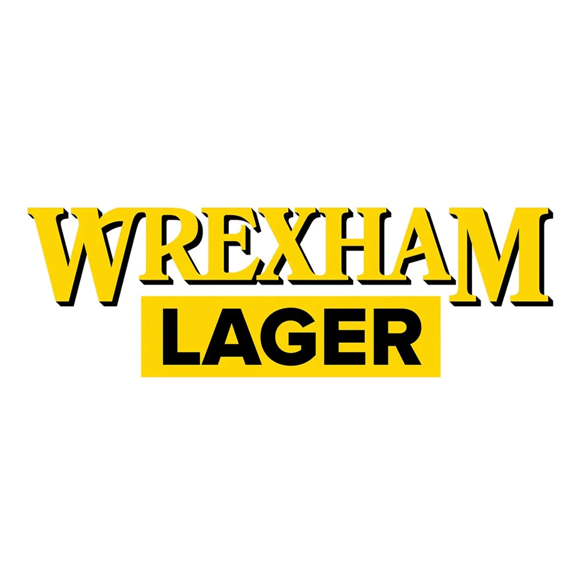 Wrexham Lager logo with yellow and black text on a white background