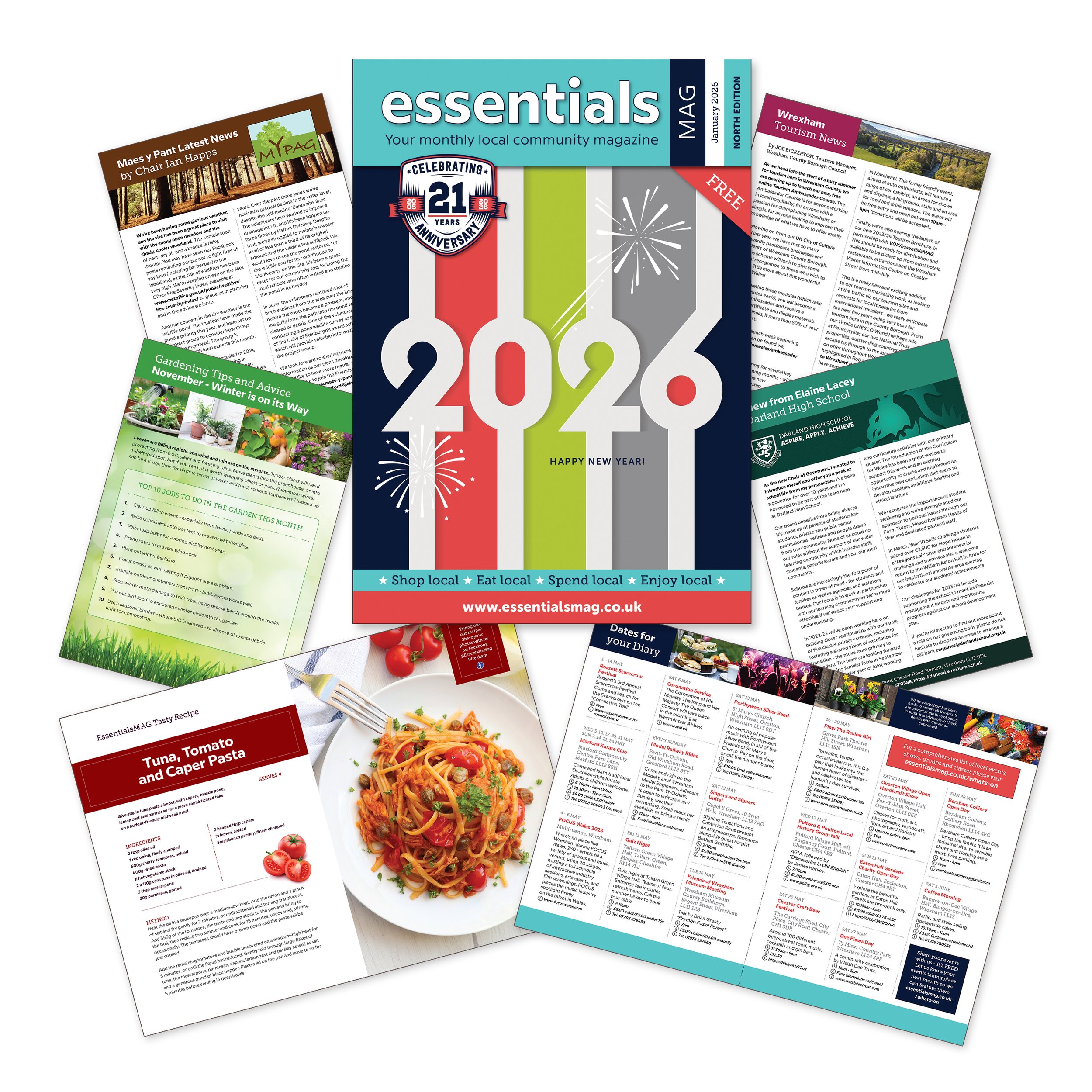 Sample community newspaper and newsletter pages celebrating New Year 2026, including recipes, local news, event listings, and advice.