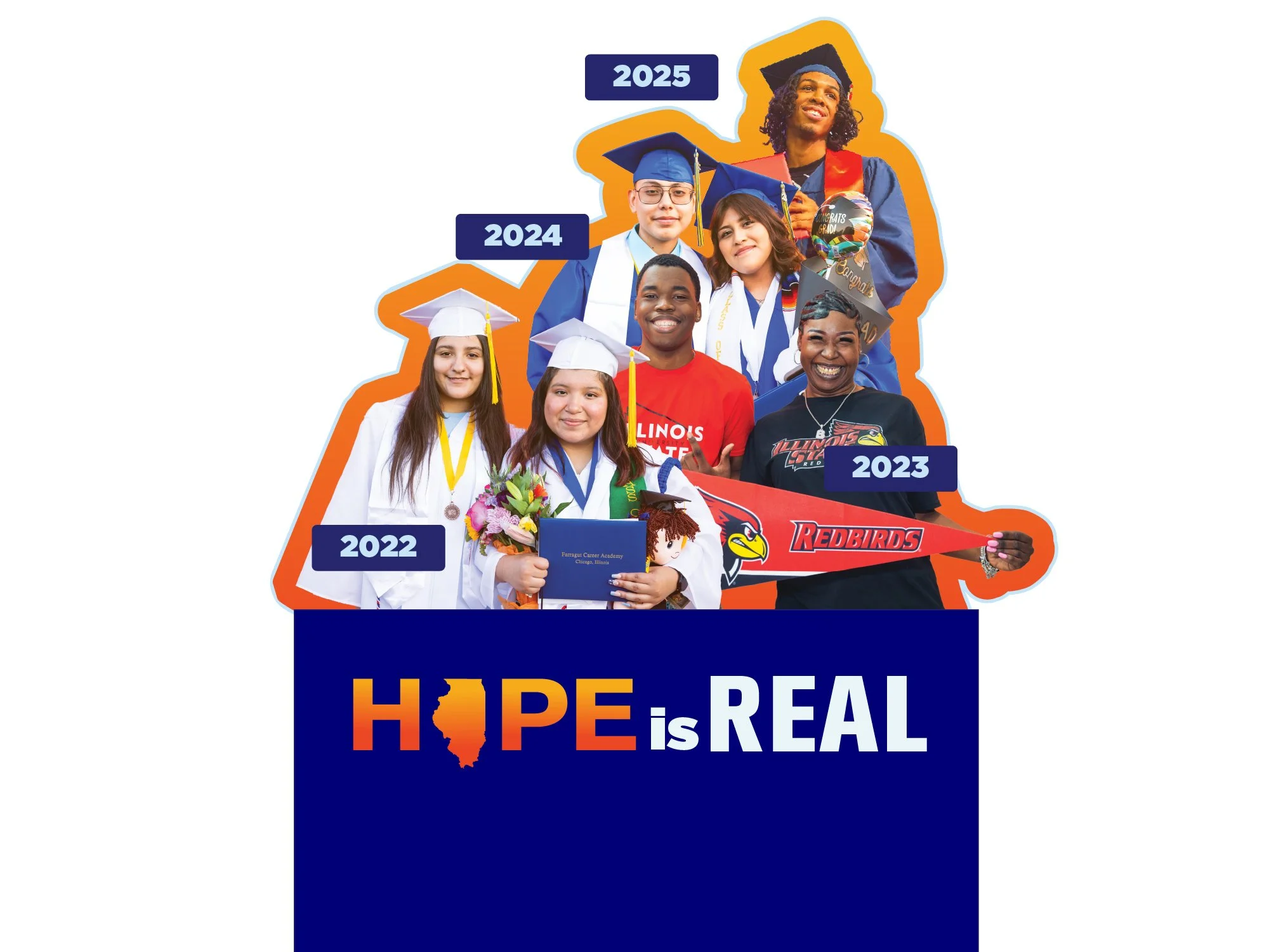 Graphic of stacked Hope Scholars cut outs staked vertically that reads "Hope is Real."