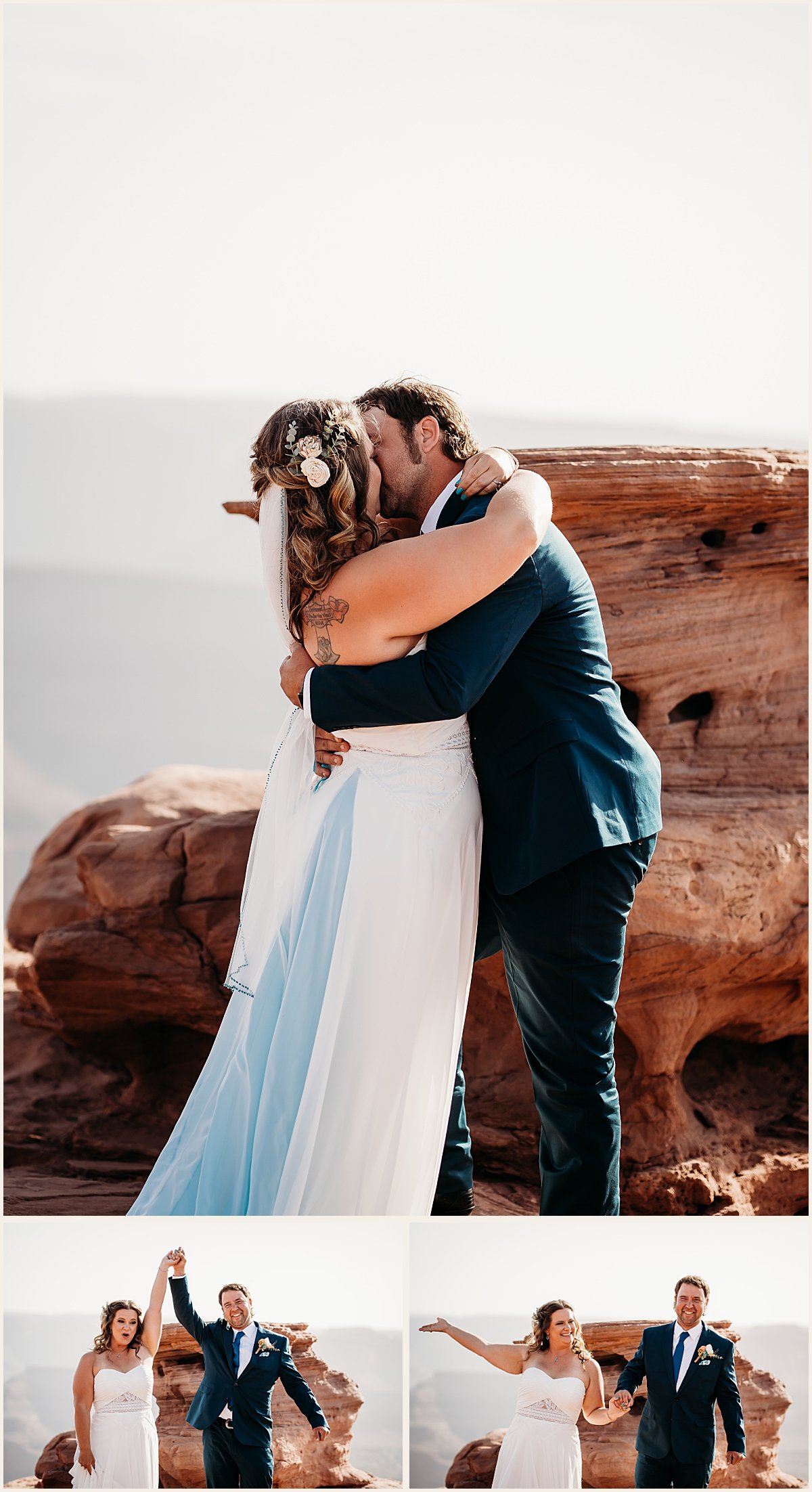 Bride and groom share first kiss at Moab elopement ceremony | Lauren Crumpler Photography | Elopement Wedding Photographer