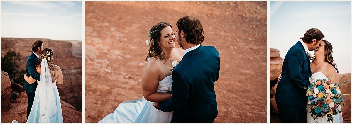 Bride and groom wedding portraits on cliffside mountain in Moab | Lauren Crumpler Photography | Elopement Wedding Photographer