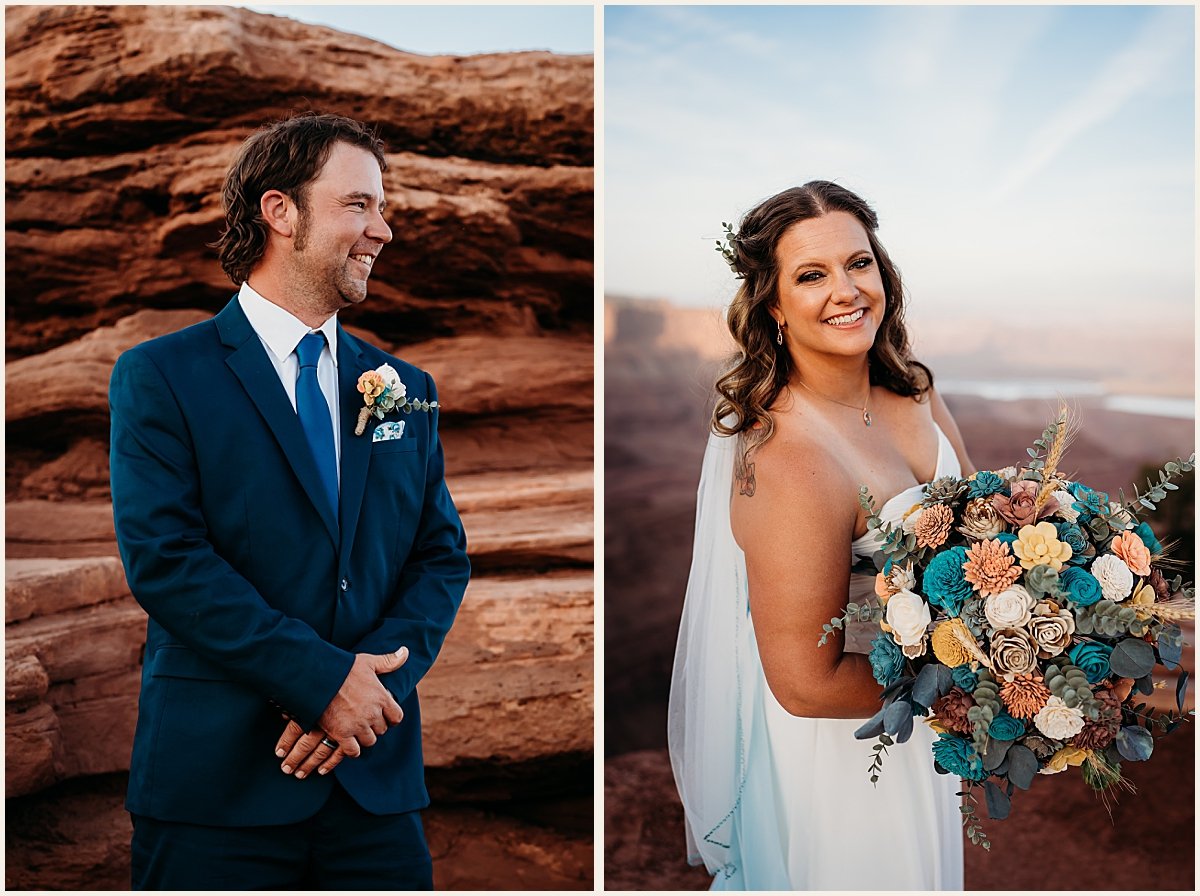Bride and groom wedding portraits on cliffside mountain in Moab | Lauren Crumpler Photography | Elopement Wedding Photographer