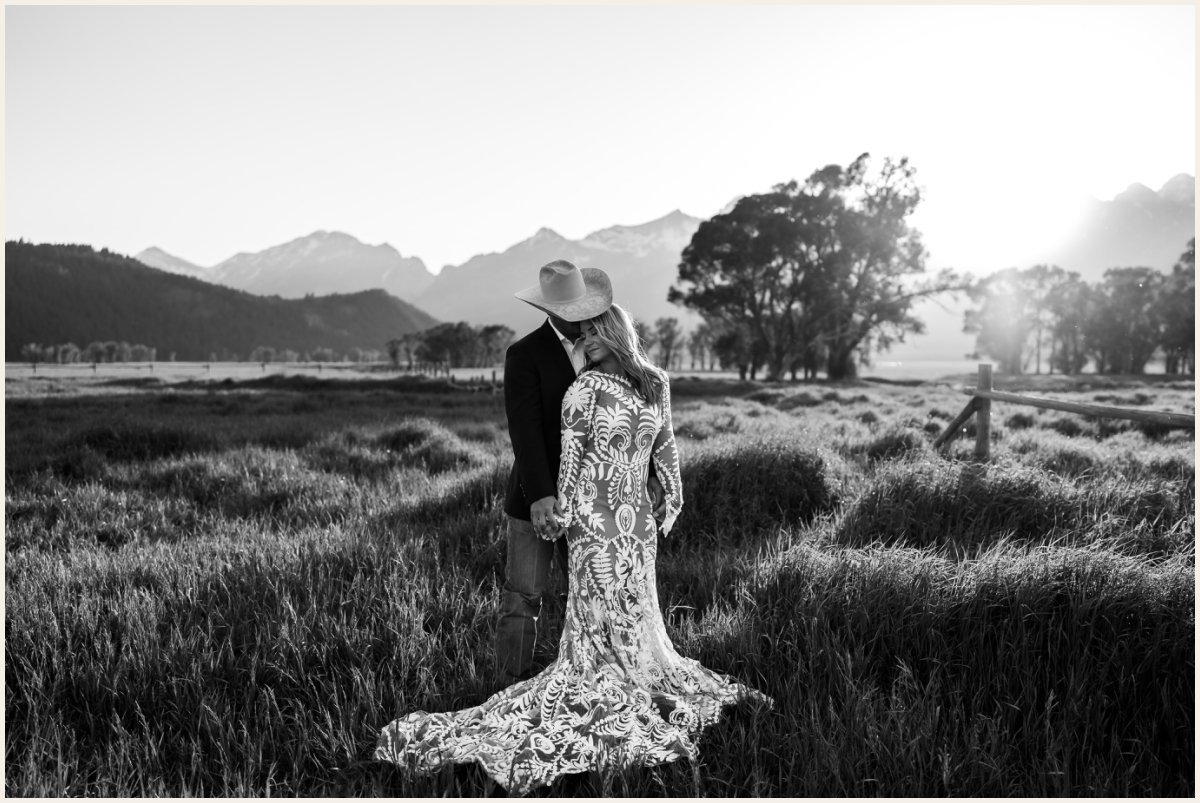 Bride and Groom Black &amp; White Wedding Portraits at Mormon Row in The Tetons | Lauren Crumpler Photography | Elopement Wedding Photographer