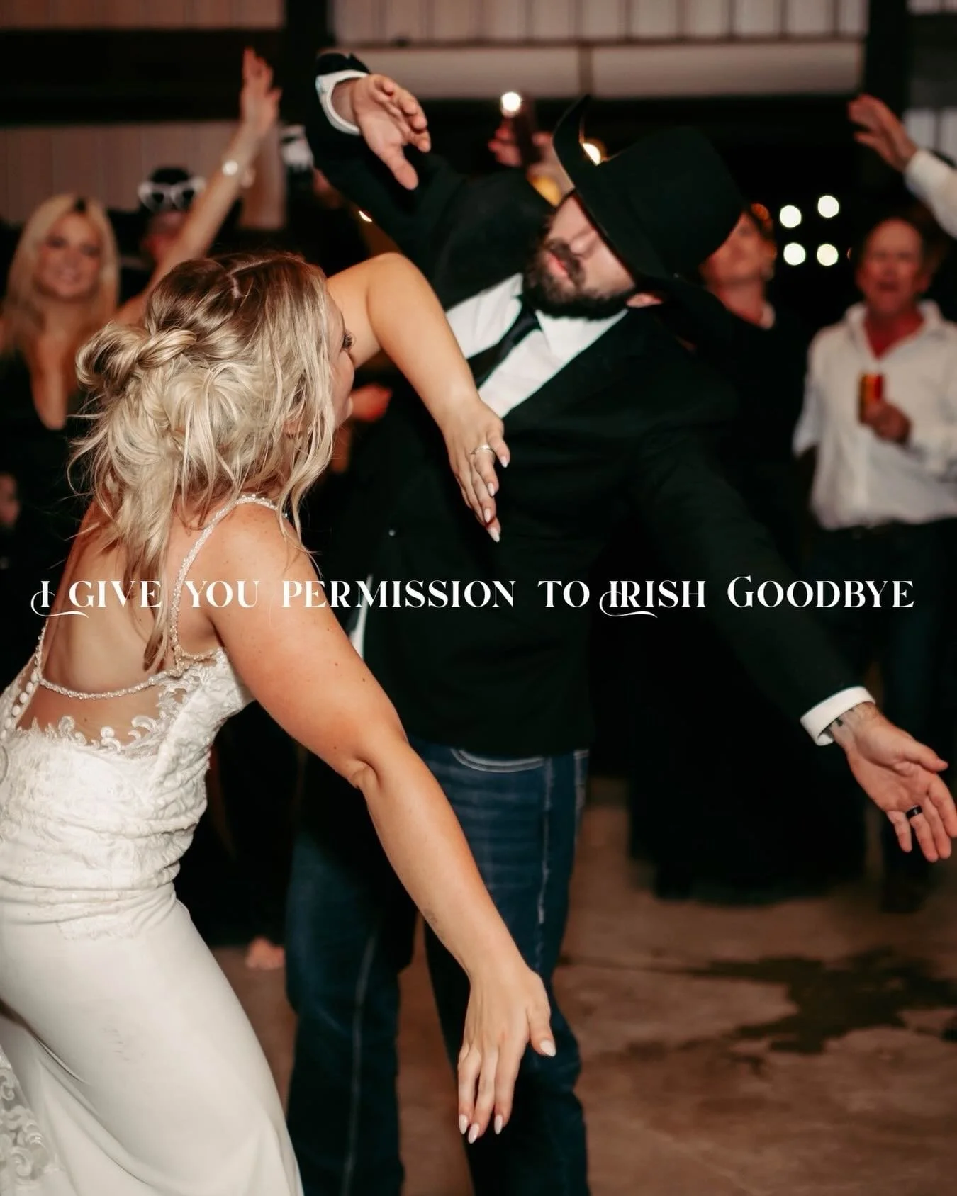 A little wedding guest PSA: embrace the Irish goodbye ☘️
⠀⠀⠀⠀⠀⠀⠀⠀⠀
If the couple is out on the dance floor living their best life, you don&rsquo;t need to interrupt them just to say goodbye. Slip out quietly and let them keep the party going. (Grandp