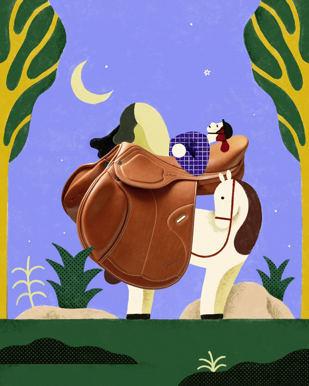 Illustrazione di un cavallo con un sella di pelle in un paesaggio notturno con luna, stelle e vegetazione, in uno stile artistico simile ad un murale o a un quadro astratto.