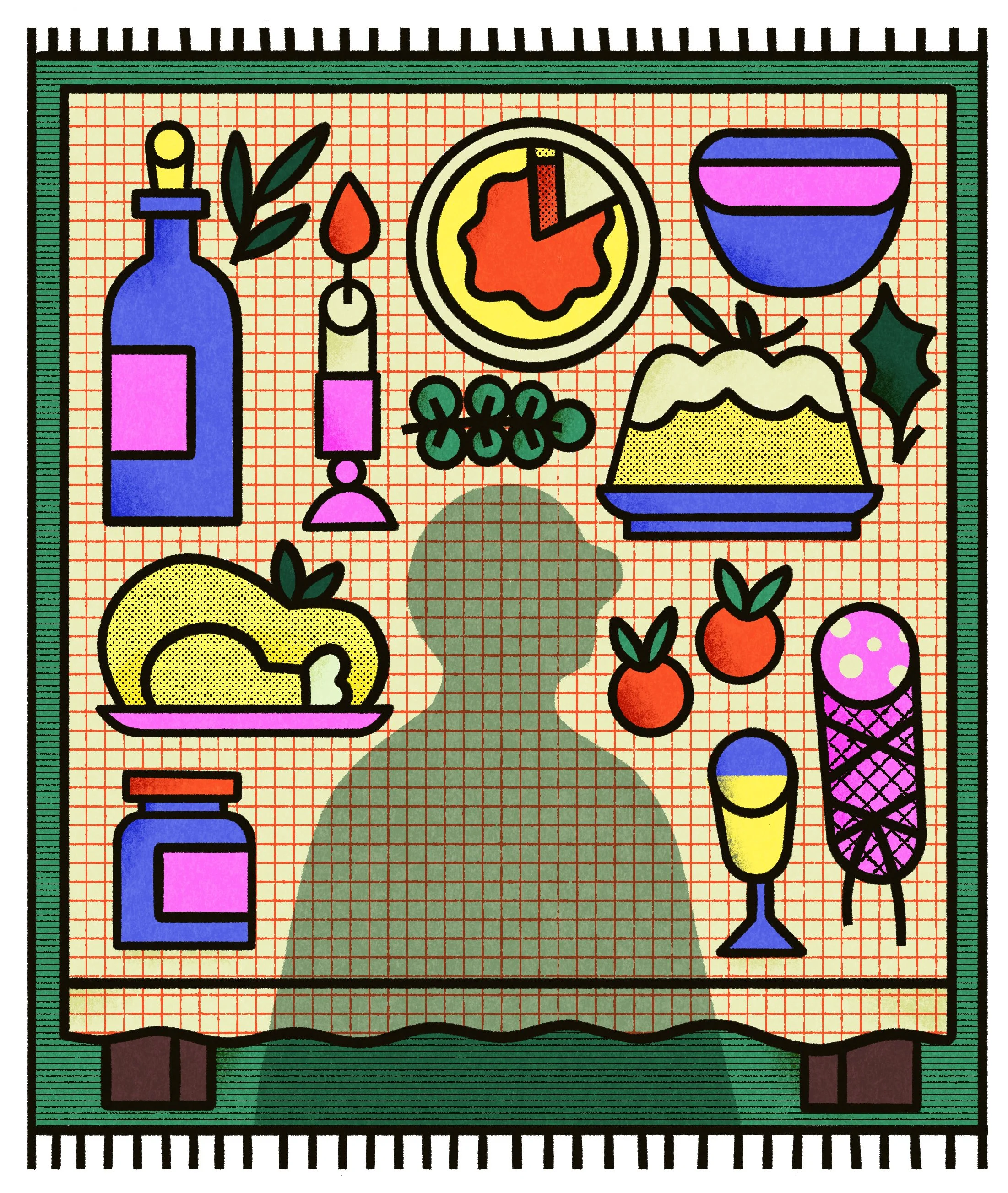 Illustrazione stilizzata di una cena con vari piatti, bicchieri, bottiglie e cibi colorati su una tovaglia a quadretti. C'è una candela, un piatto di pasta, una torta, pomodori, e altri alimenti e bevande.