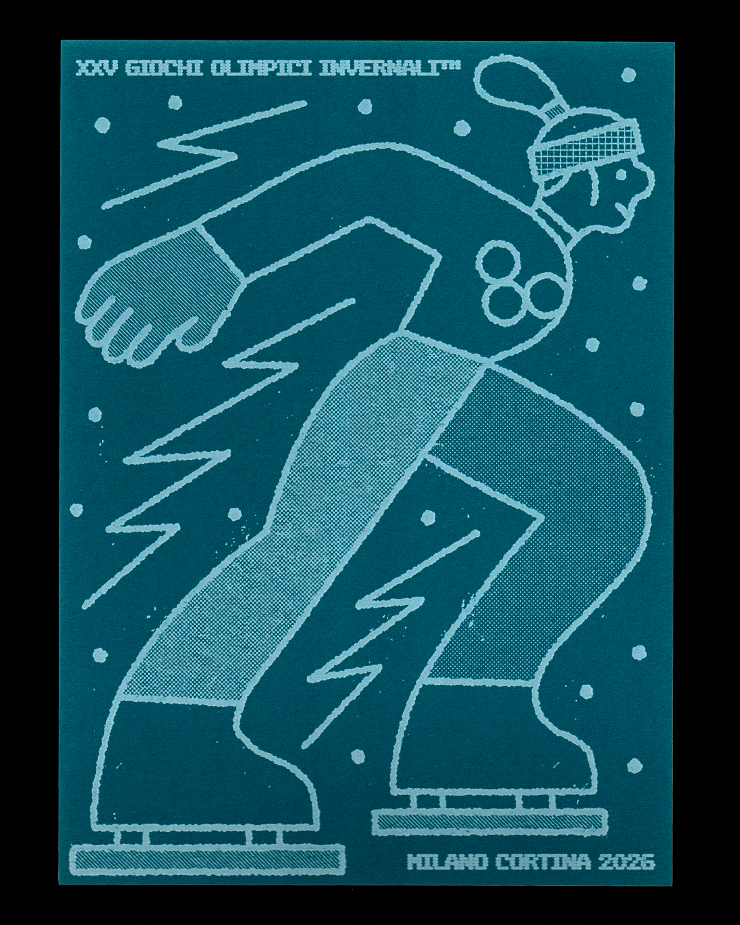 Illustrazione in stile pixel art dell'Inno olimpico con un atleta con il casco e la racchetta, che salta su pattini a rotelle, con lampi di energia e molte stelle sullo sfondo, scritta 'XXV Giochi Olimpici Invernali' e 'Milano Cortina 2026'.