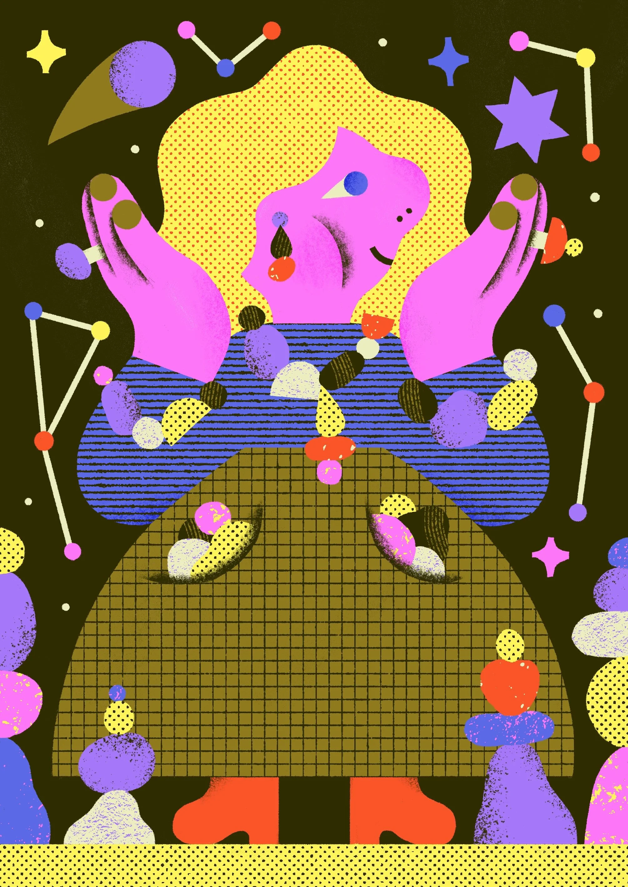 Illustrazione digitale di una figura femminile con capelli gialli ricci. La figura ha la pelle rosa, un occhio azzurro, uno giallo e un sorriso. Indossa una maglietta a righe blu e pantaloni a quadretti marroni. Le mani sono alzate, circondate da ogg