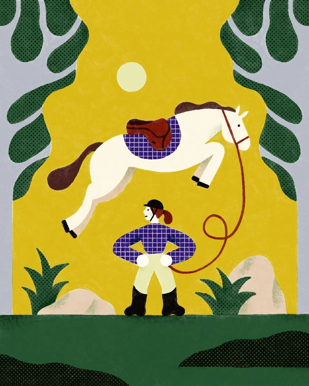 Illustrazione di un cavallo bianco con briglia e sella, e un fantino in abbigliamento da jockey con casco e pantaloncini, su uno sfondo di natura con piante verdi e un grande albero giallo.
