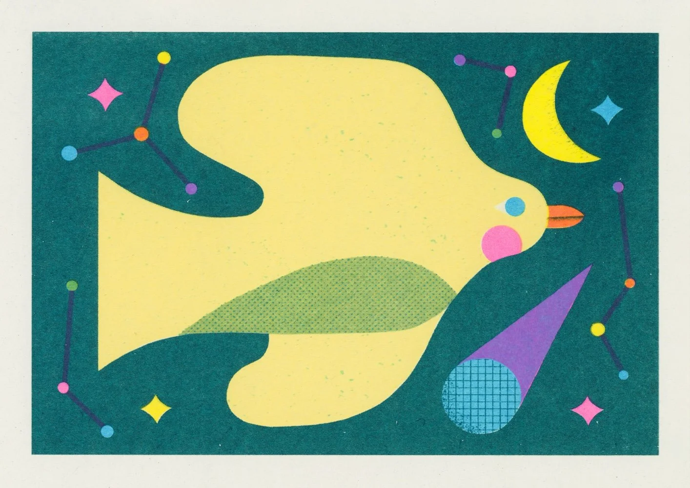 Illustrazione astratta con forme colorate, stelle, luna, con una grande forma gialla al centro che ricorda un uccello stilizzato con un becco arancione.
