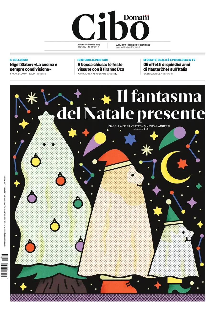 Copertina di un giornale con disegni di un albero di Natale, un pupazzo di neve e un cane, tutti con cappelli natalizi, circondati da stelle e pianeti colorati.