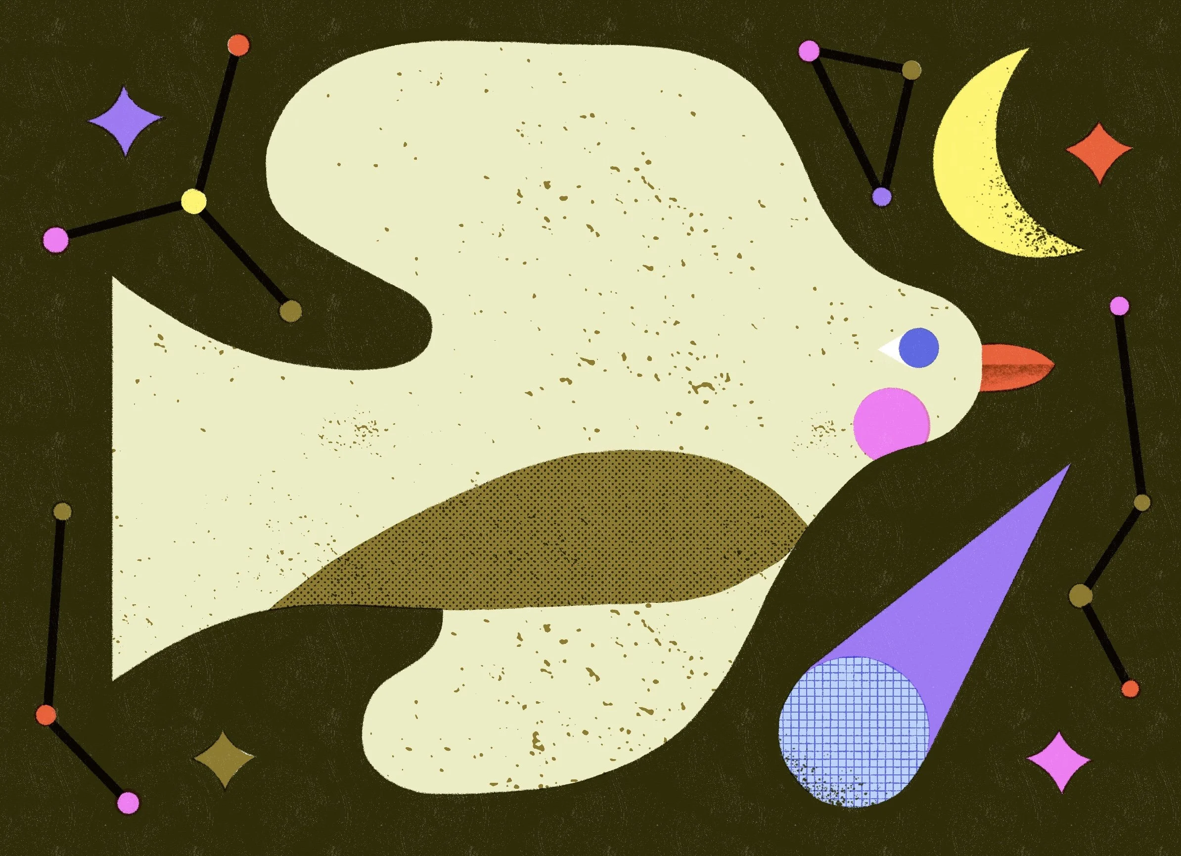 Disegno astratto con forme geometriche e elementi astratti su sfondo nero, con colori come giallo, viola, rosa, rosso e blu.