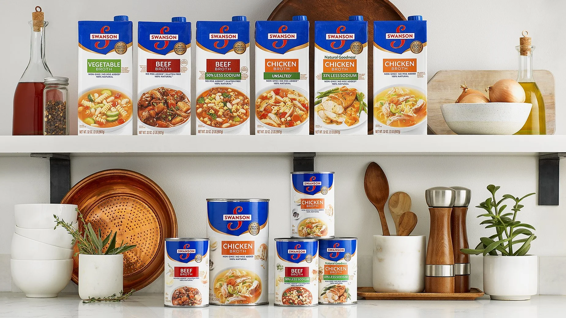 Swanson Broth packaging, full portfolio of products on kitchen counter