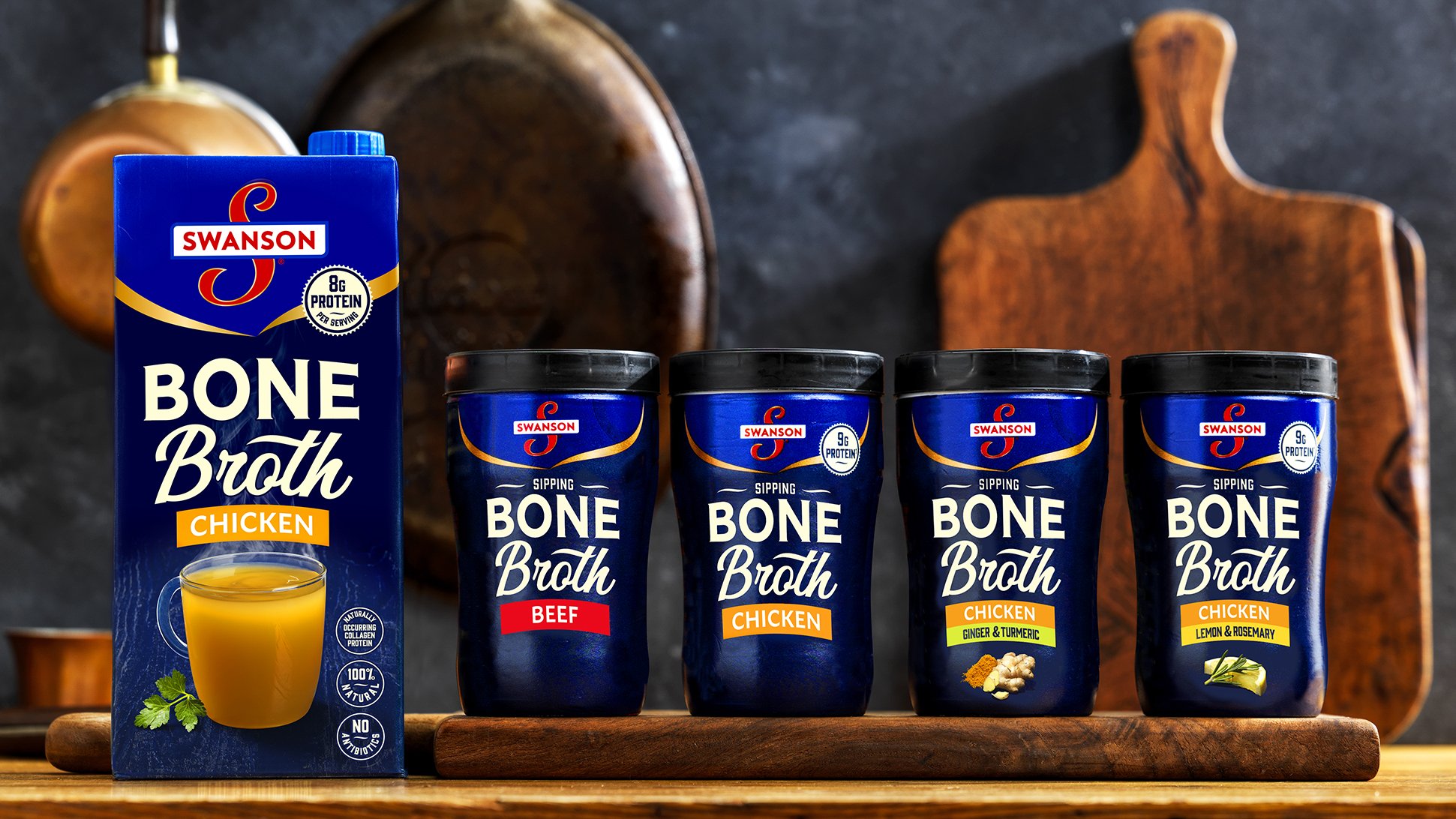 Swanson Bone Broth and Bone Broth Sipping packaging on cutting board