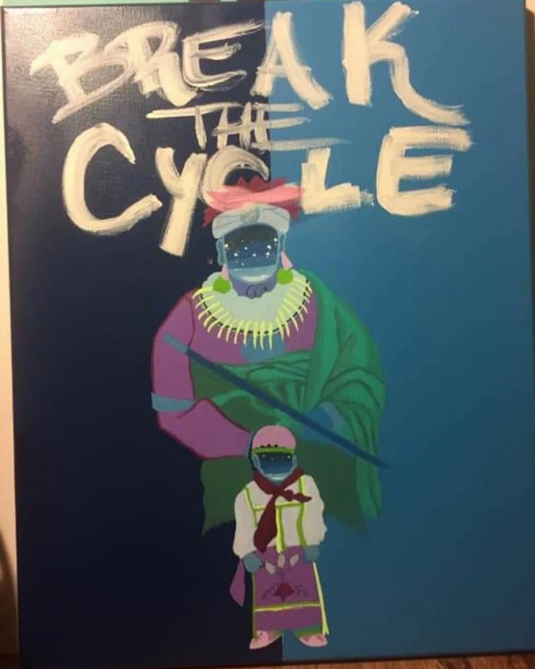 "Break the Cycle" Meskwaki Grandfather and Grand child. Acrylic. Stencil. All rights reserved.